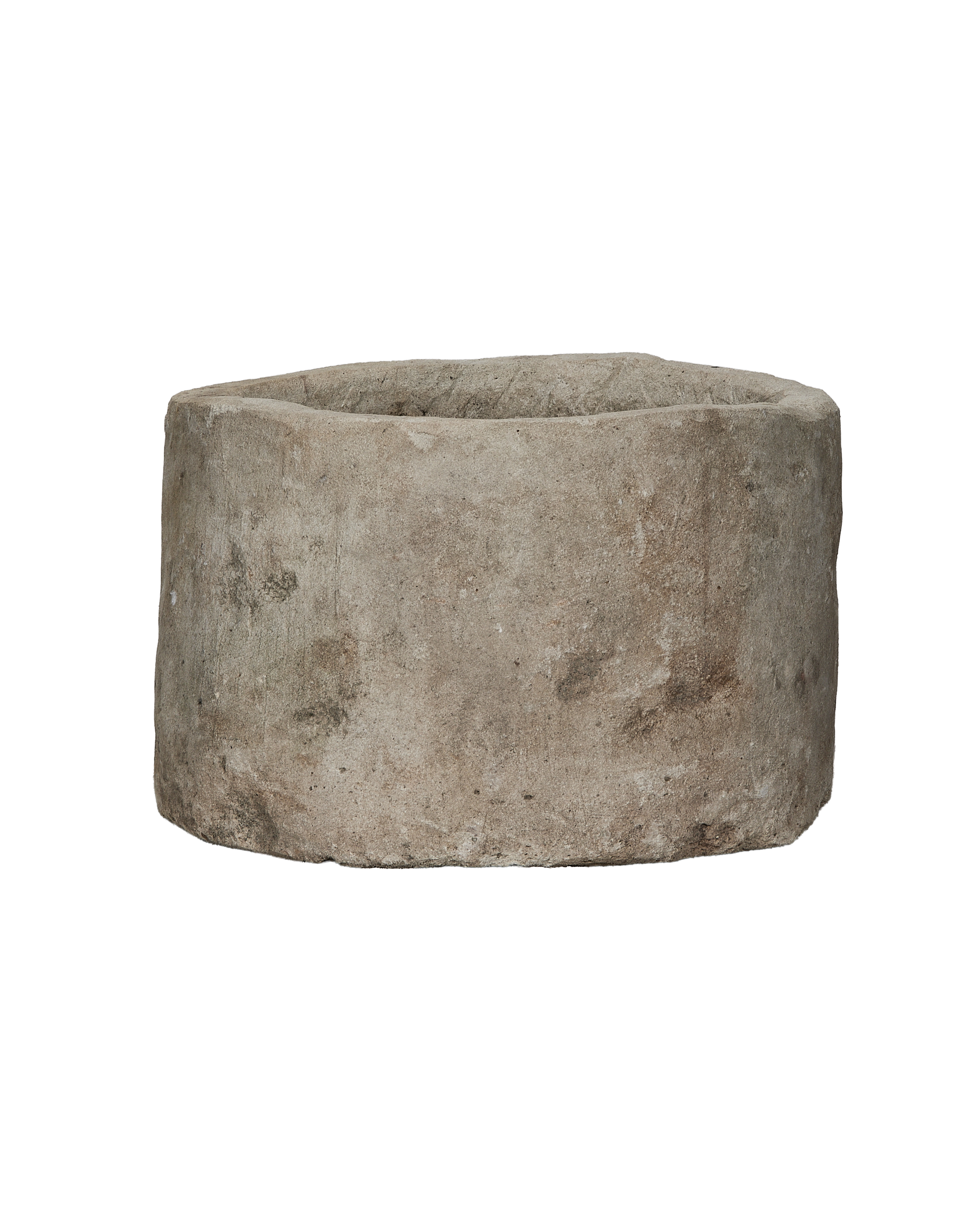 Vintage Indonesian limestone trough (OAK) side view, showing weathered gray-brown texture.