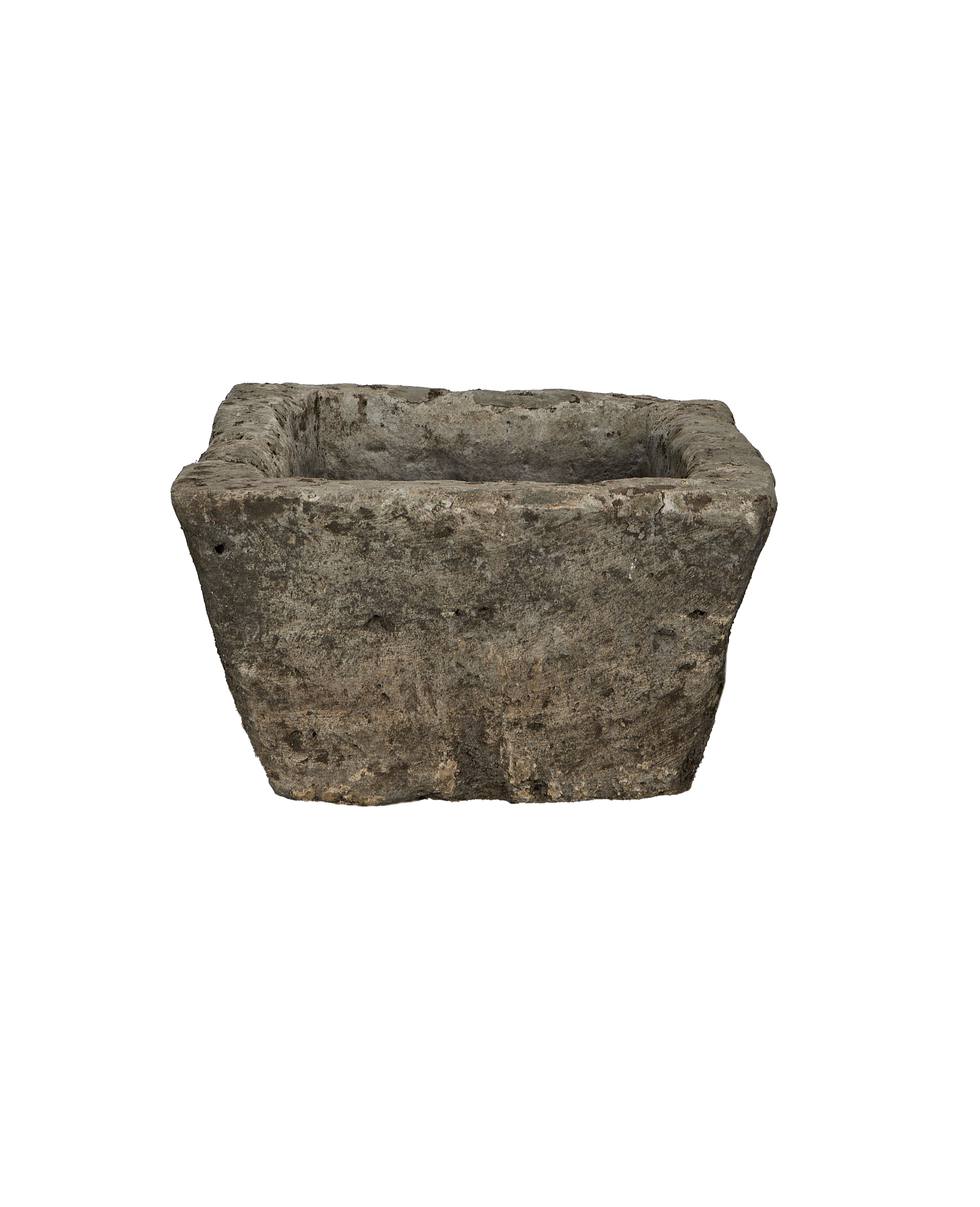 Vintage Indonesian limestone trough, square shape, showing rugged texture and interior depth.
