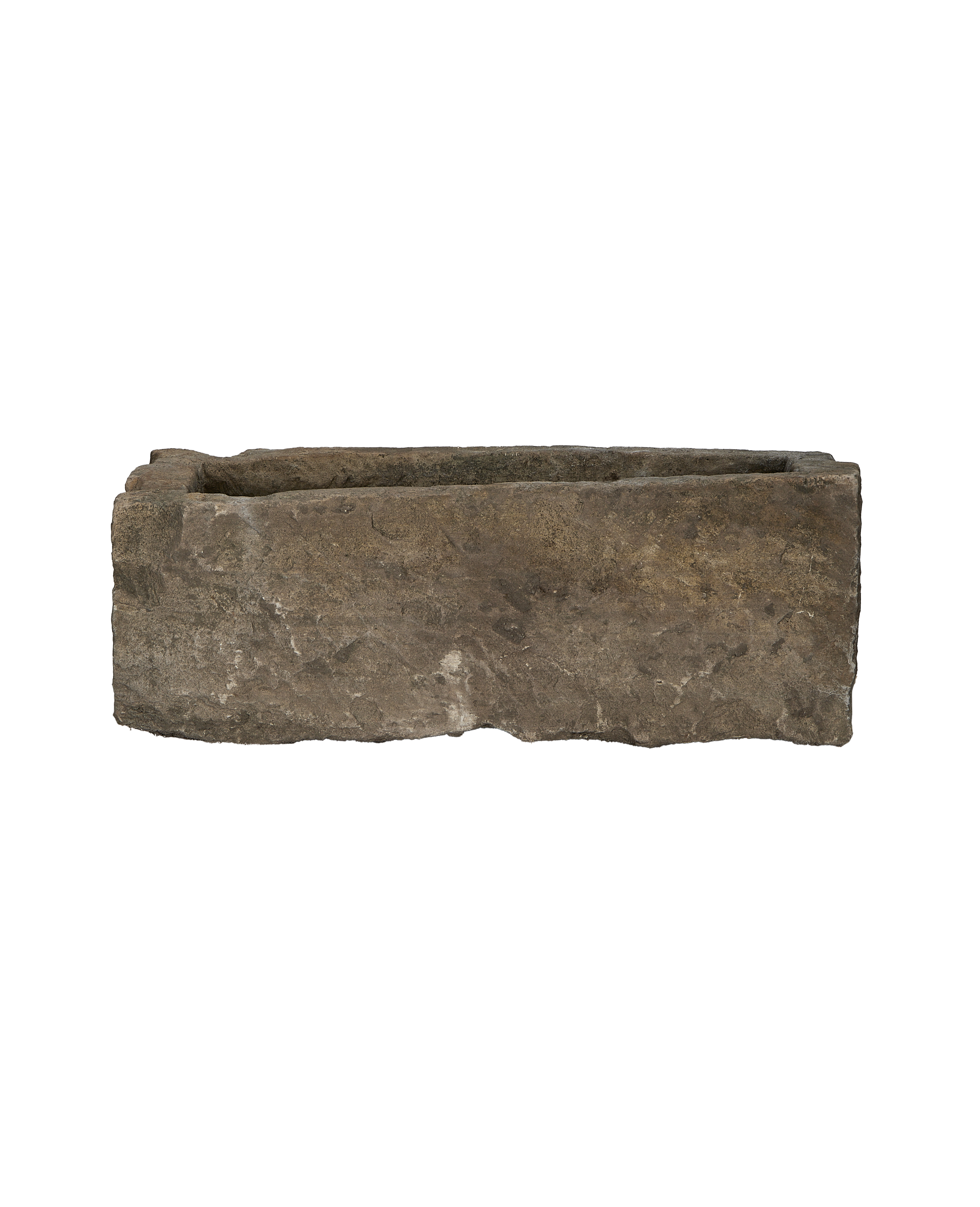 Vintage rectangular limestone trough, rustic Indonesian oak, showcasing weathered texture and rim detail.
