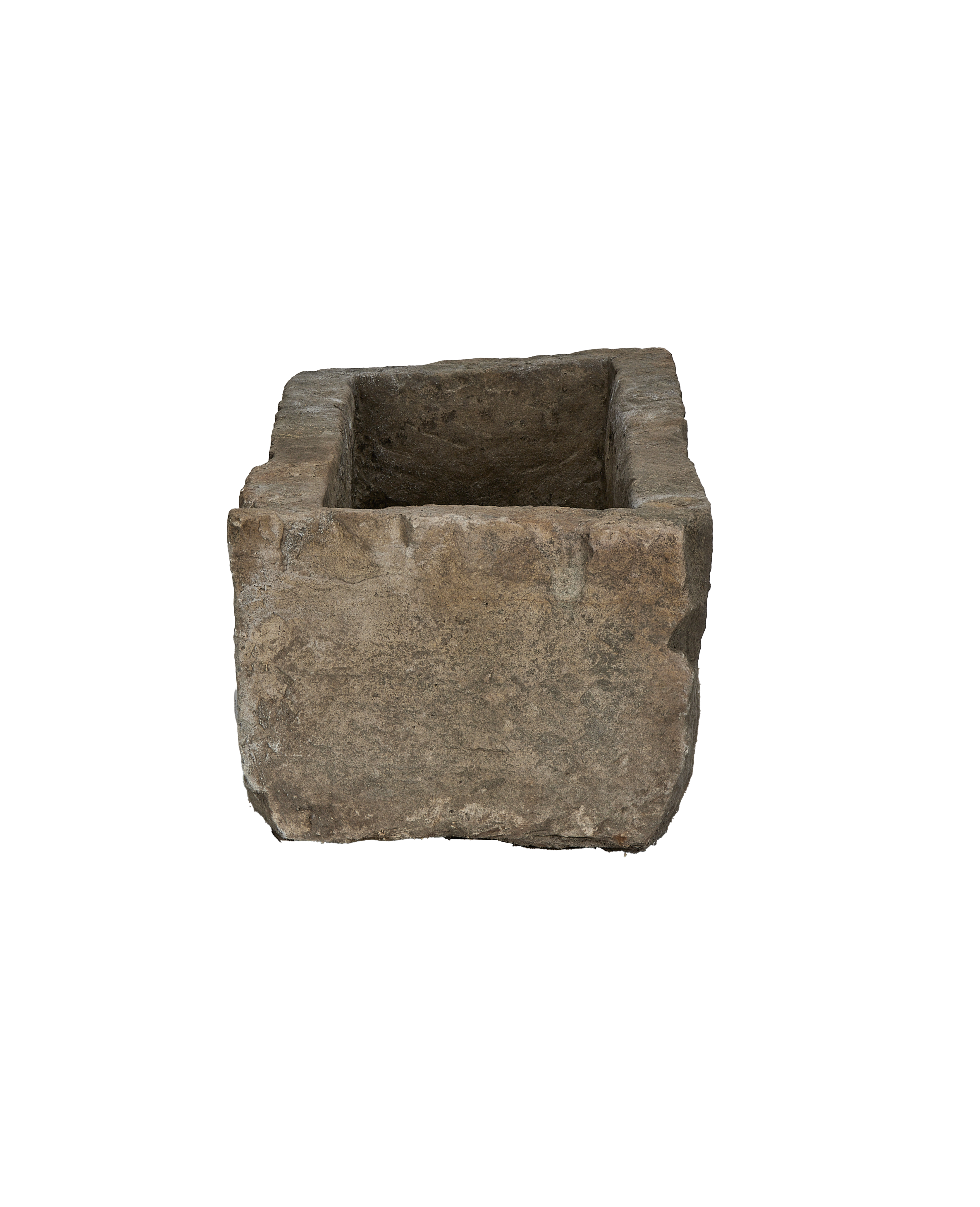 Vintage Indonesian limestone trough (OAK), rectangular shape, showcasing its rugged, weathered texture from an elevated view.