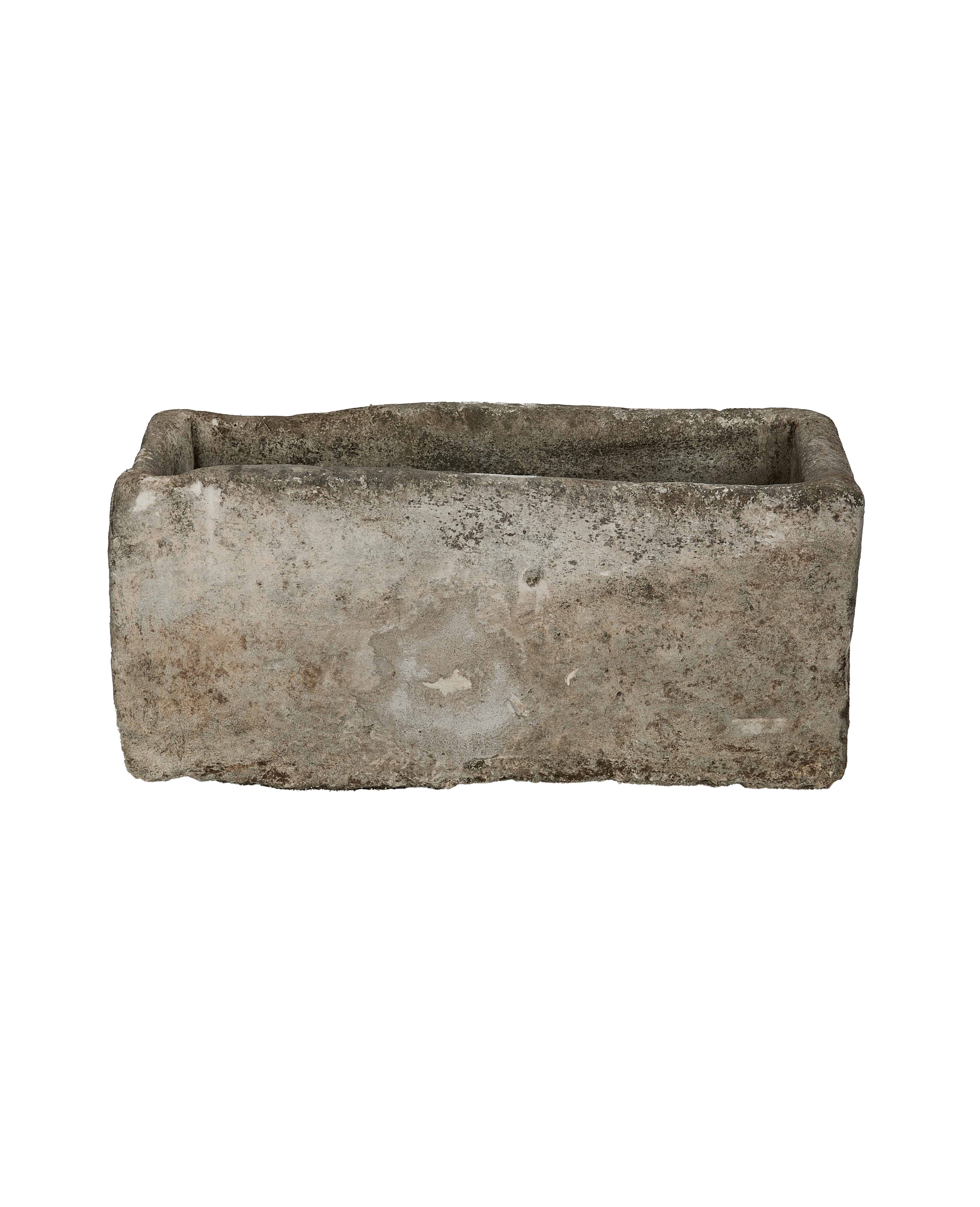 Vintage Indonesian limestone rectangular trough, weathered gray concrete appearance, showcasing rough texture.