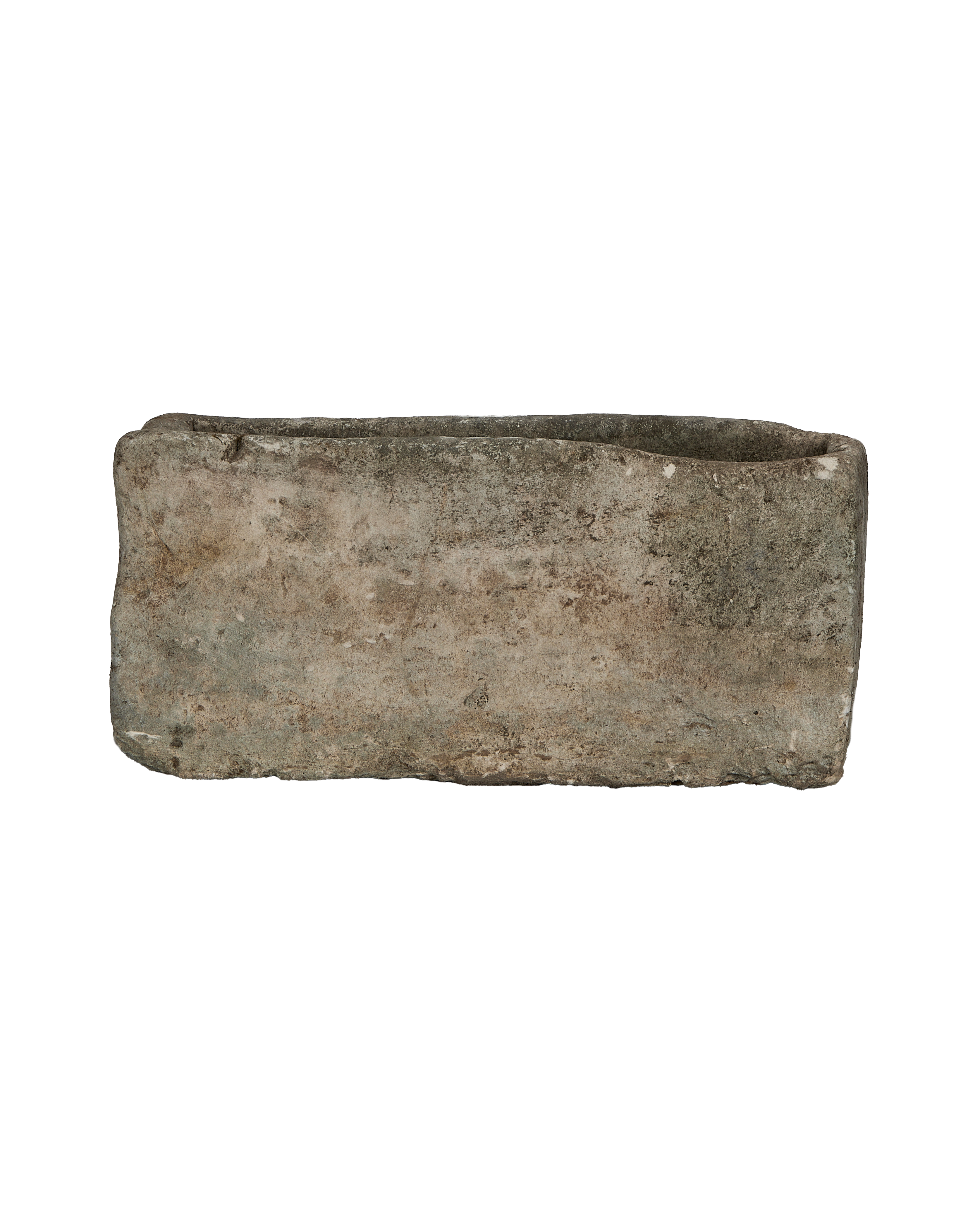 Vintage rectangular Indonesian limestone trough, top-down view highlighting aged texture and natural weathered patina.