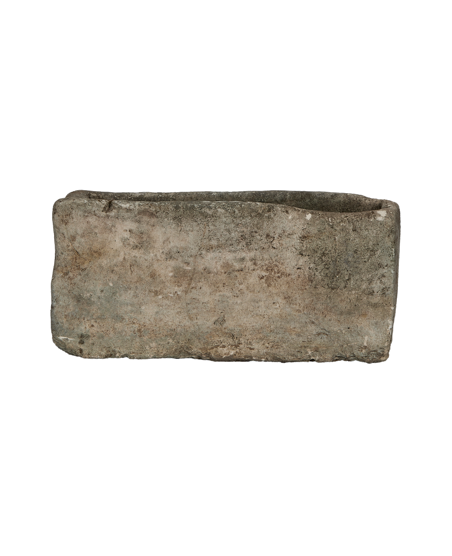 Vintage rectangular Indonesian limestone trough, top-down view highlighting aged texture and natural weathered patina.