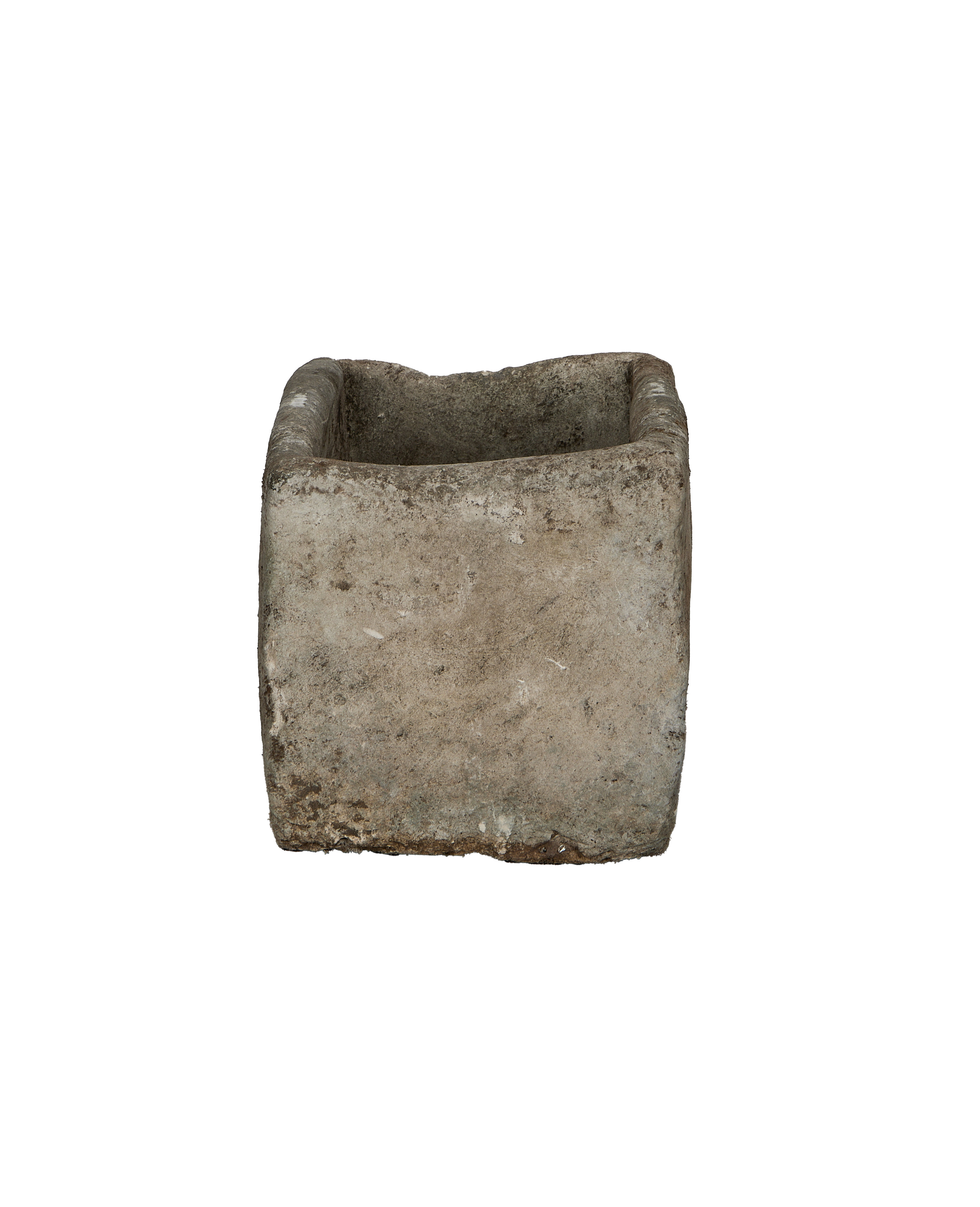 Vintage rectangular limestone trough, showing the weathered texture and top opening from a direct aerial view.