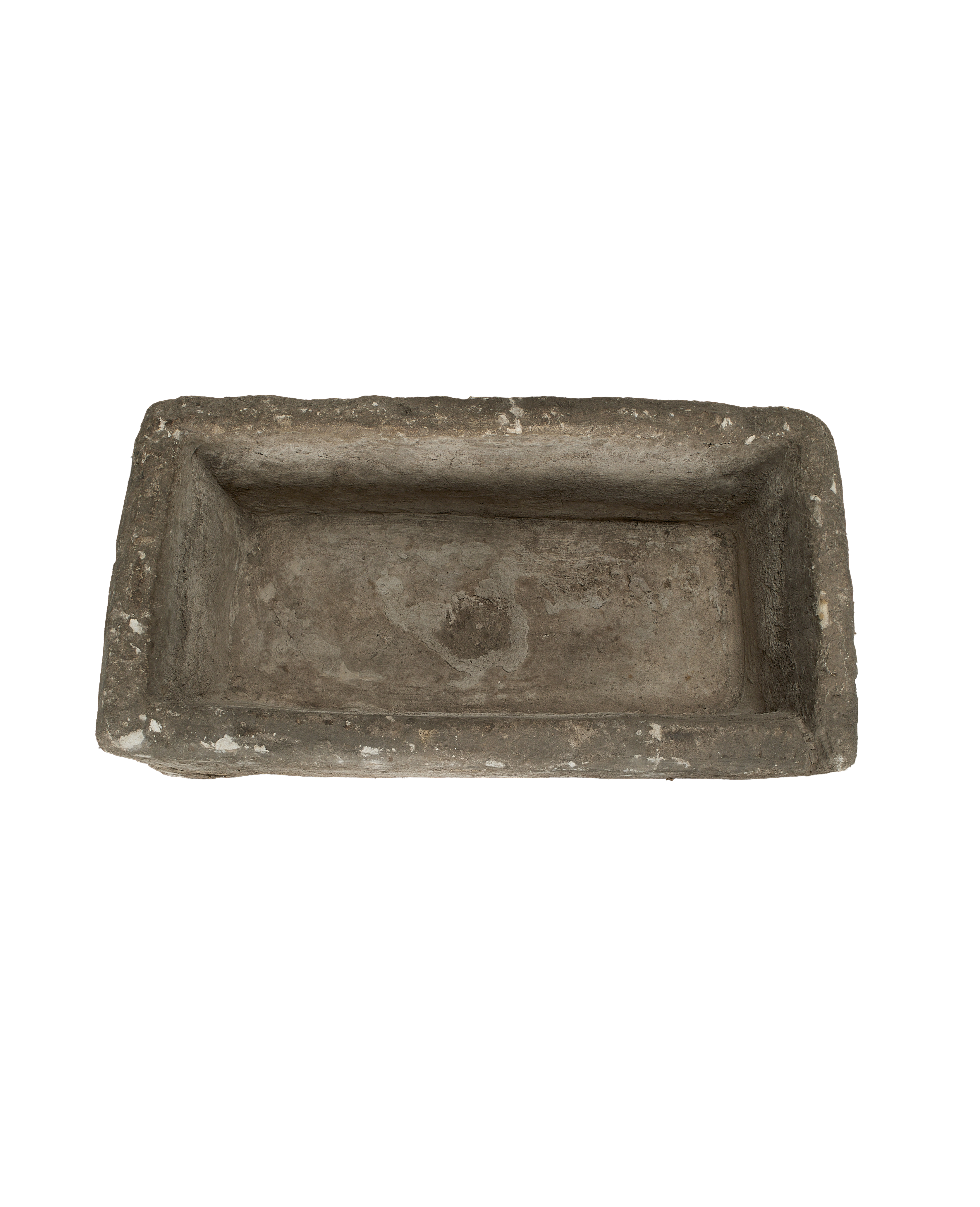 Vintage Indonesian limestone trough, rectangular, overhead view showcasing weathered texture and depth.