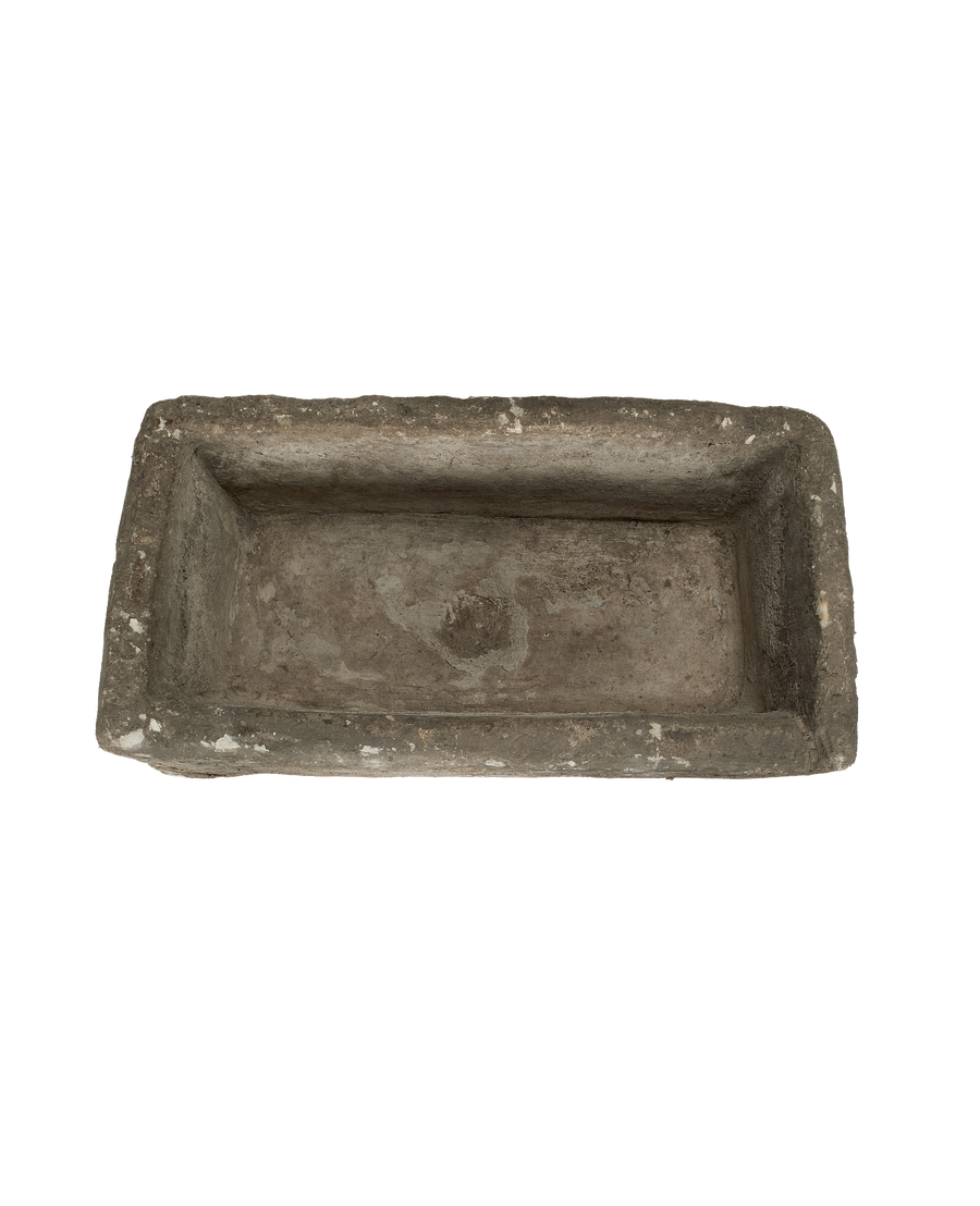 Vintage Indonesian limestone trough, rectangular, overhead view showcasing weathered texture and depth.