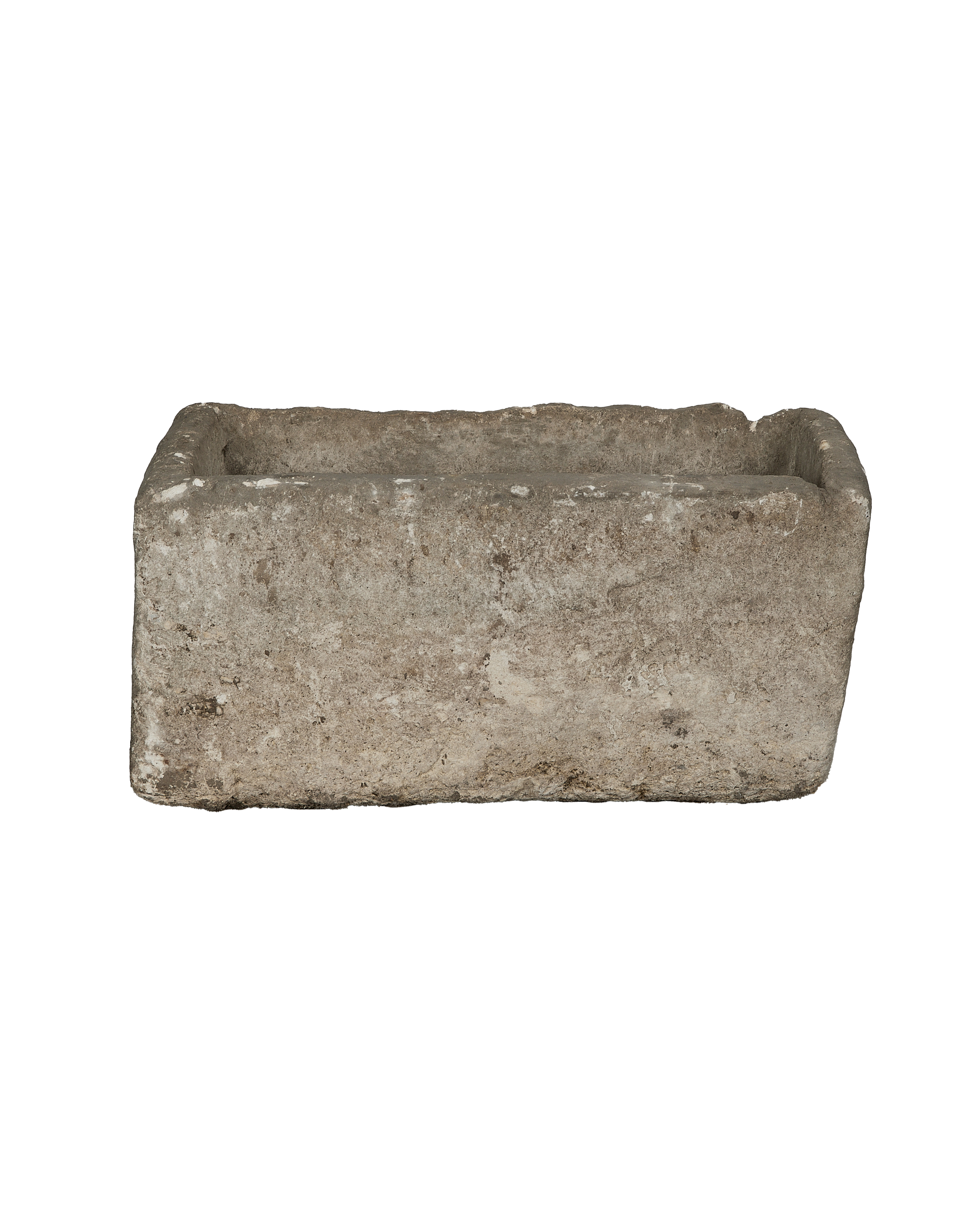 Vintage grey limestone rectangular trough from Indonesia, weathered surface, front view.