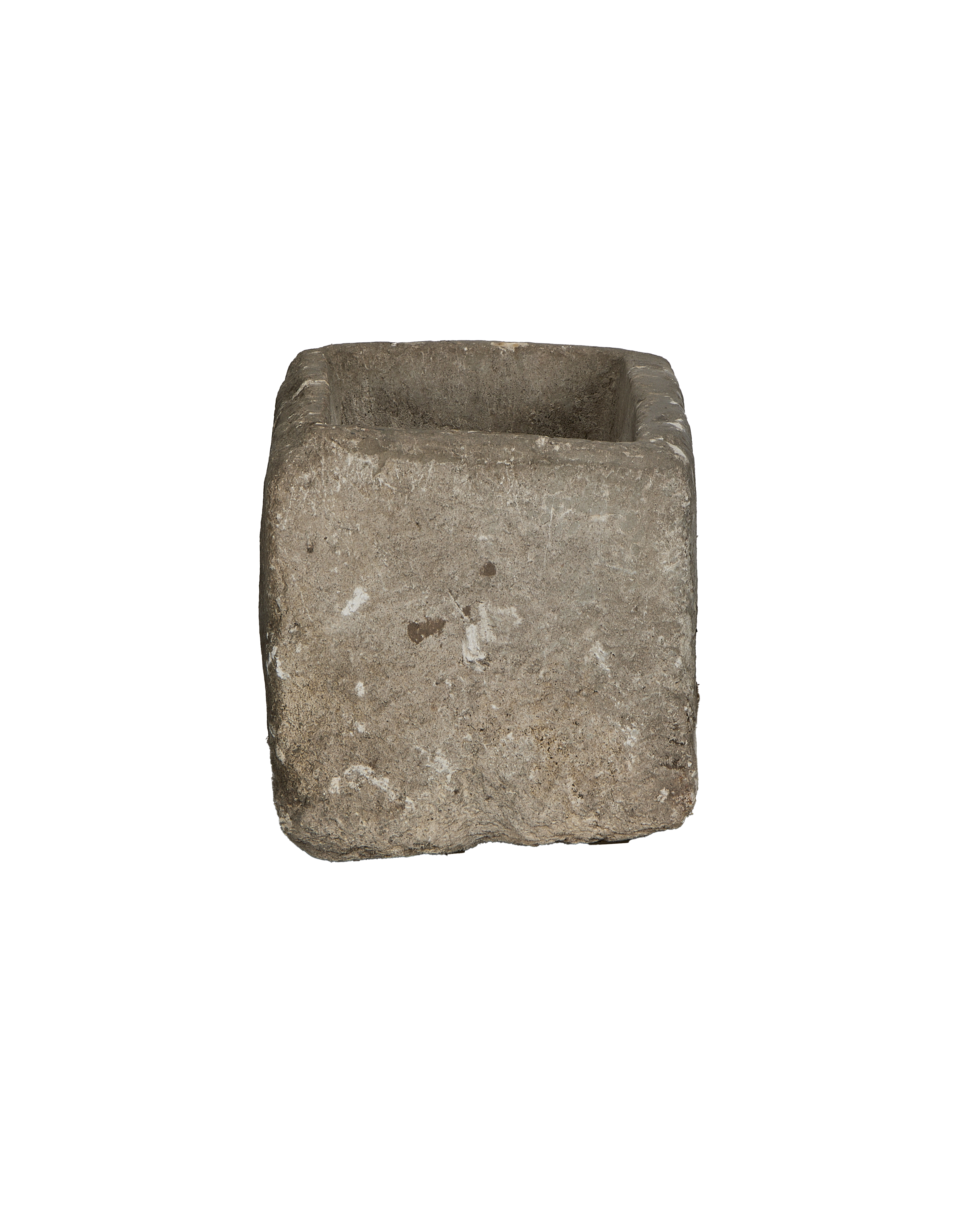 Vintage rectangular limestone planter trough from Indonesia, top-down view showing interior.