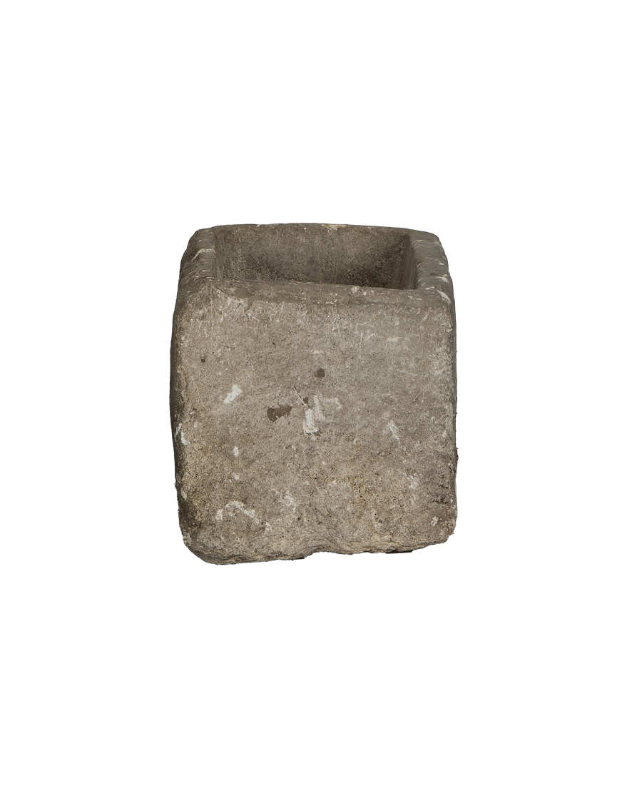 Vintage rectangular limestone planter trough from Indonesia, top-down view showing interior.
