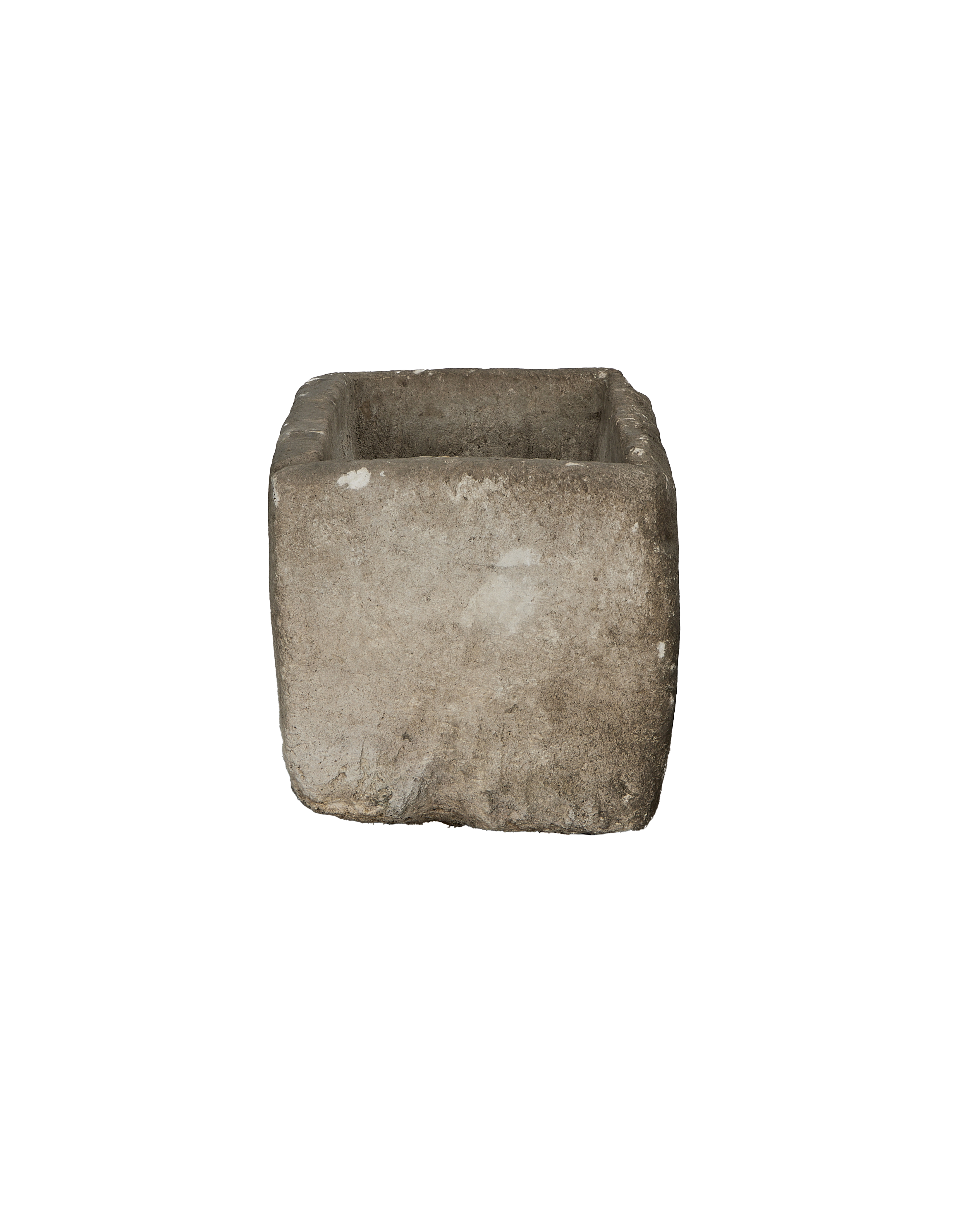 Vintage Indonesian limestone trough, top view with weathered interior details.