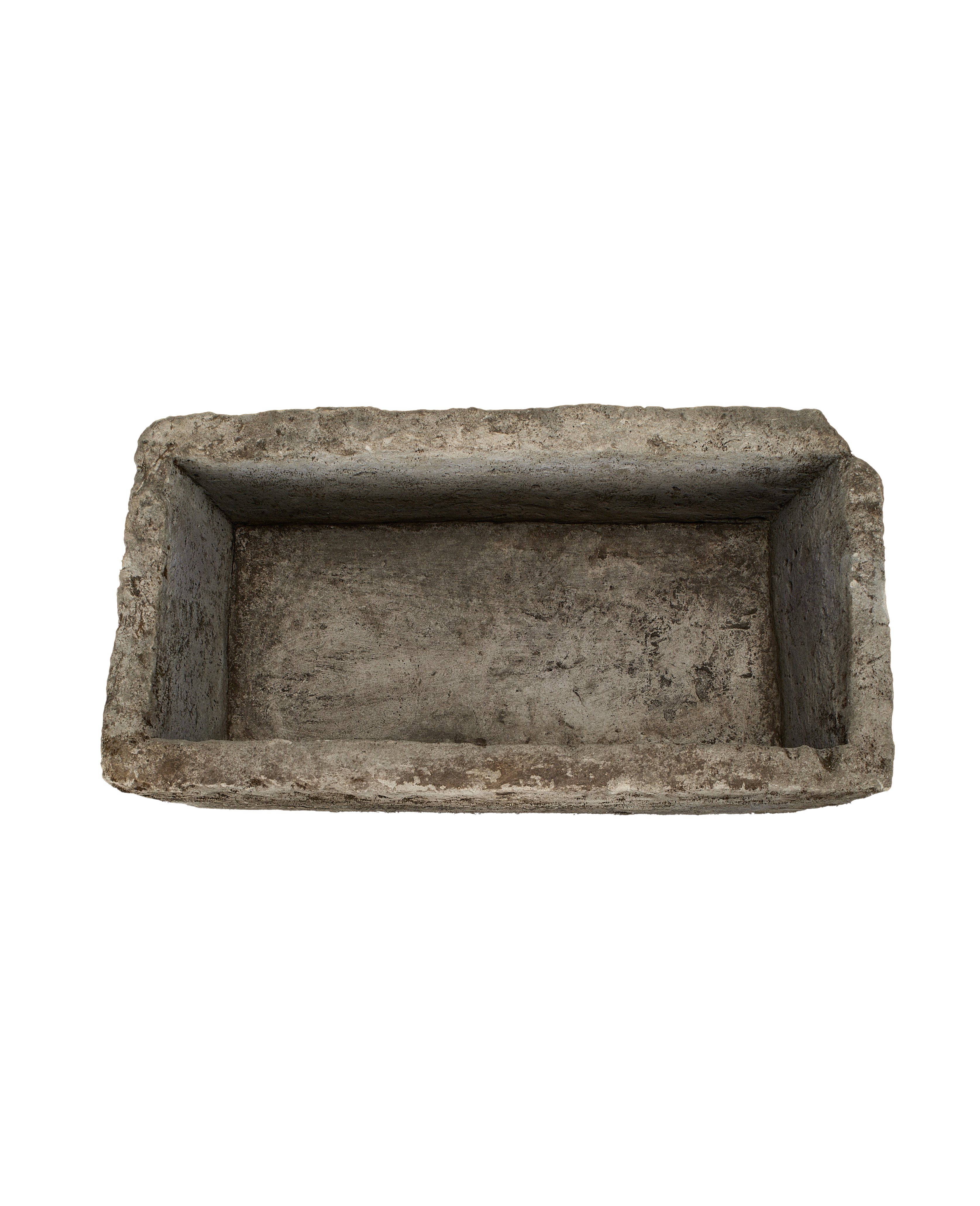 Vintage Indonesian limestone trough (OAK), top-down view showing rectangular, weathered interior.