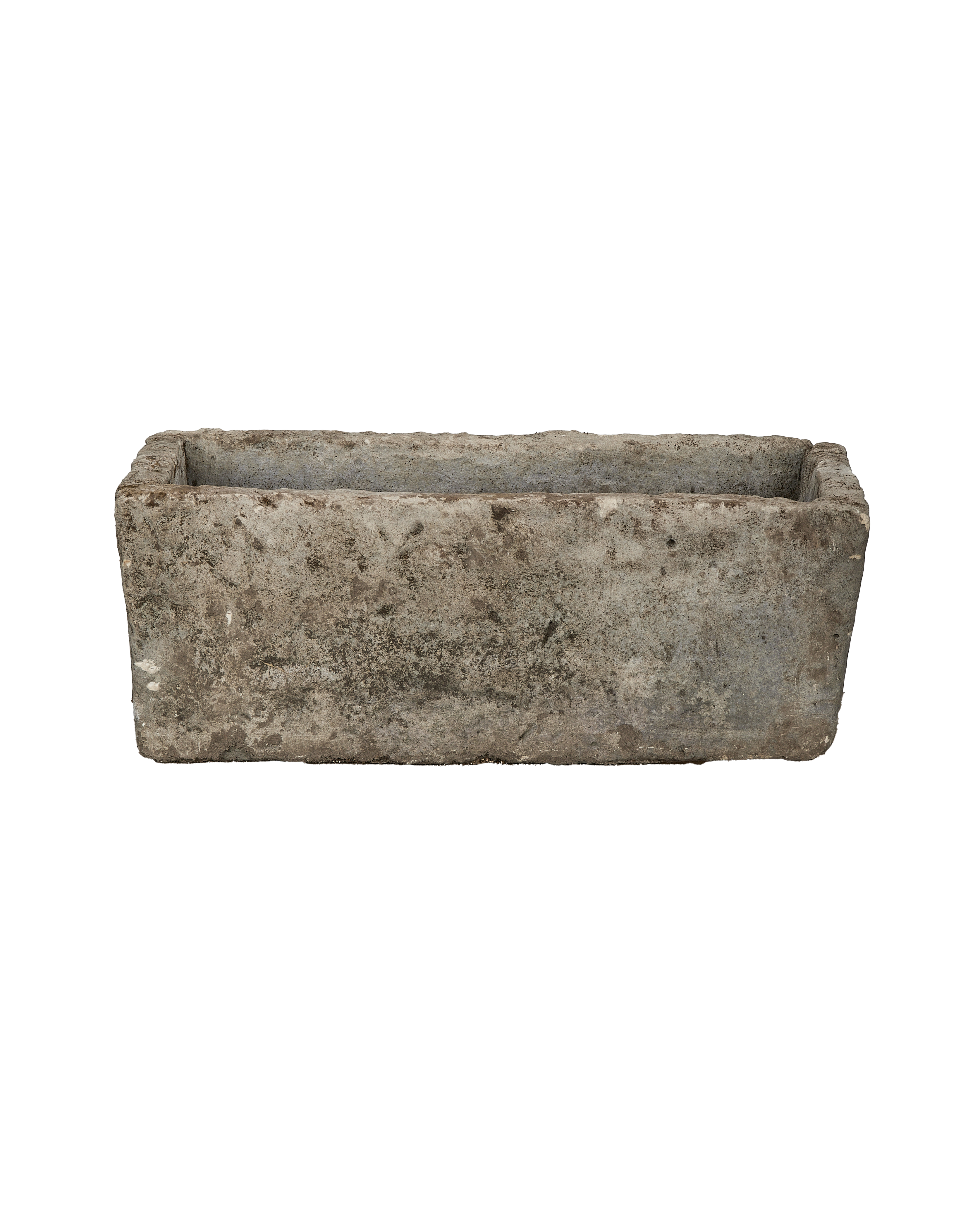 Vintage rectangular limestone trough, weathered gray texture, front view. Perfect for garden or indoor decor.