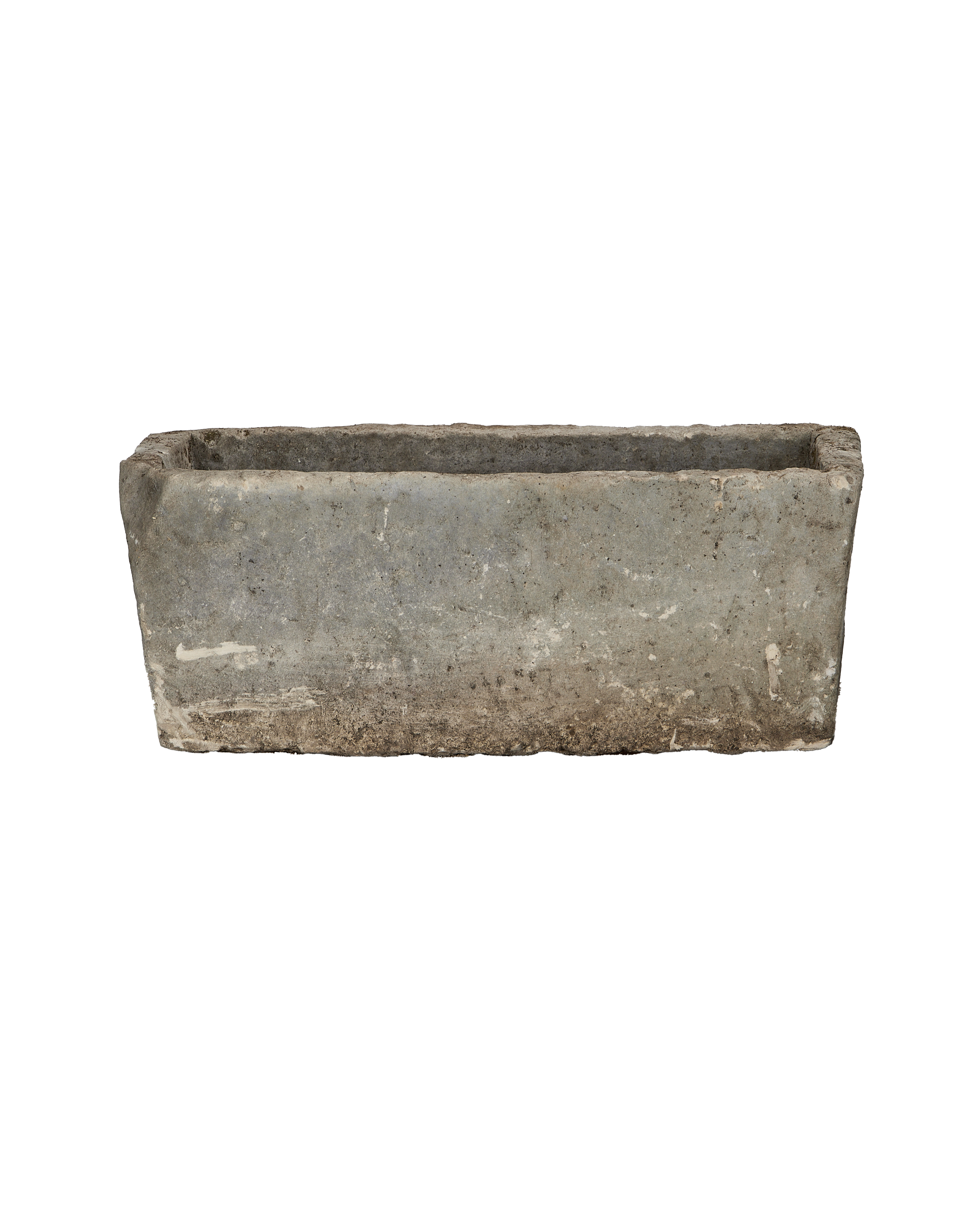 Vintage rectangular limestone trough, showing weathered texture and natural imperfections, front view.