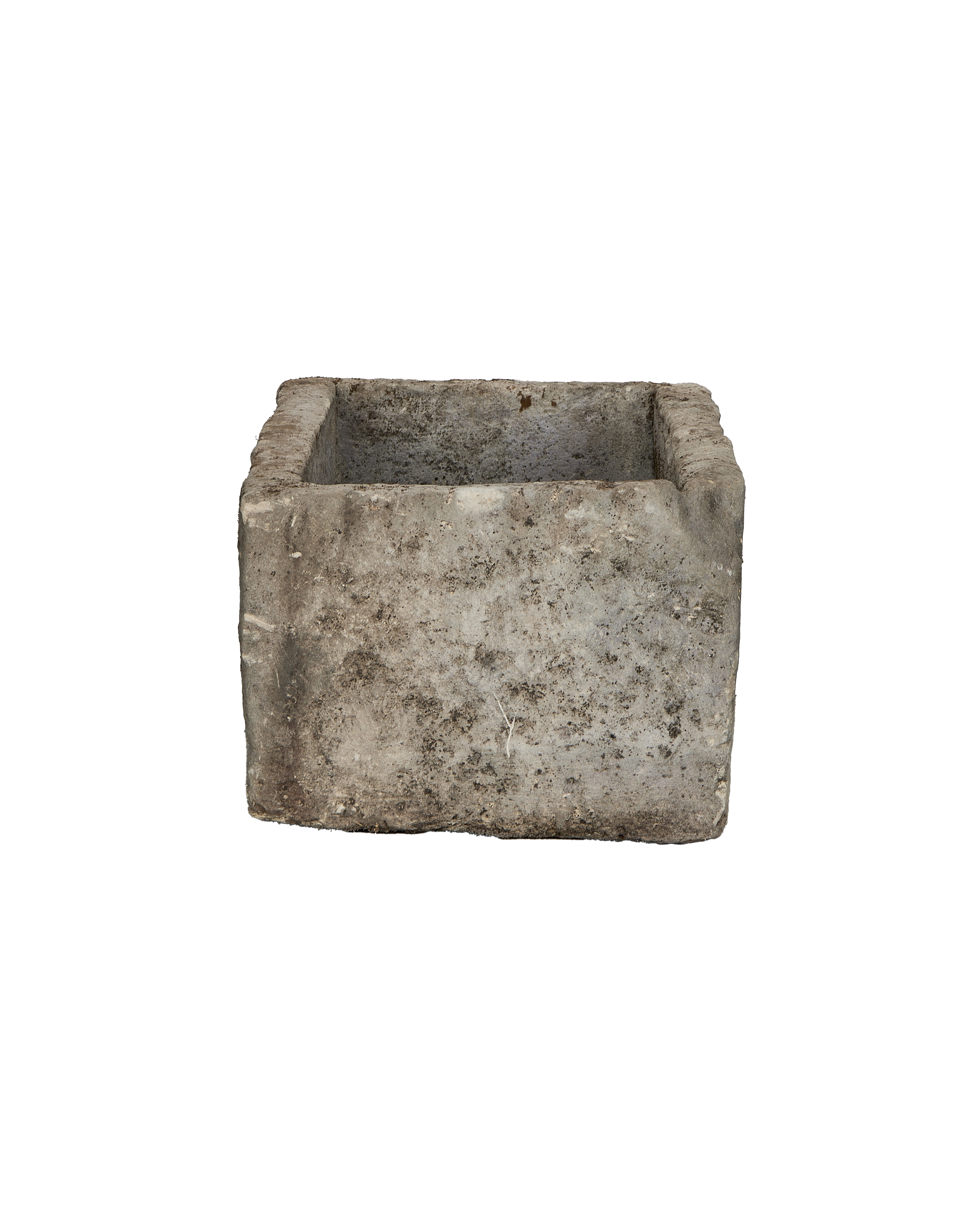 Vintage gray Indonesian rectangular limestone trough, showing weathered texture from top view.