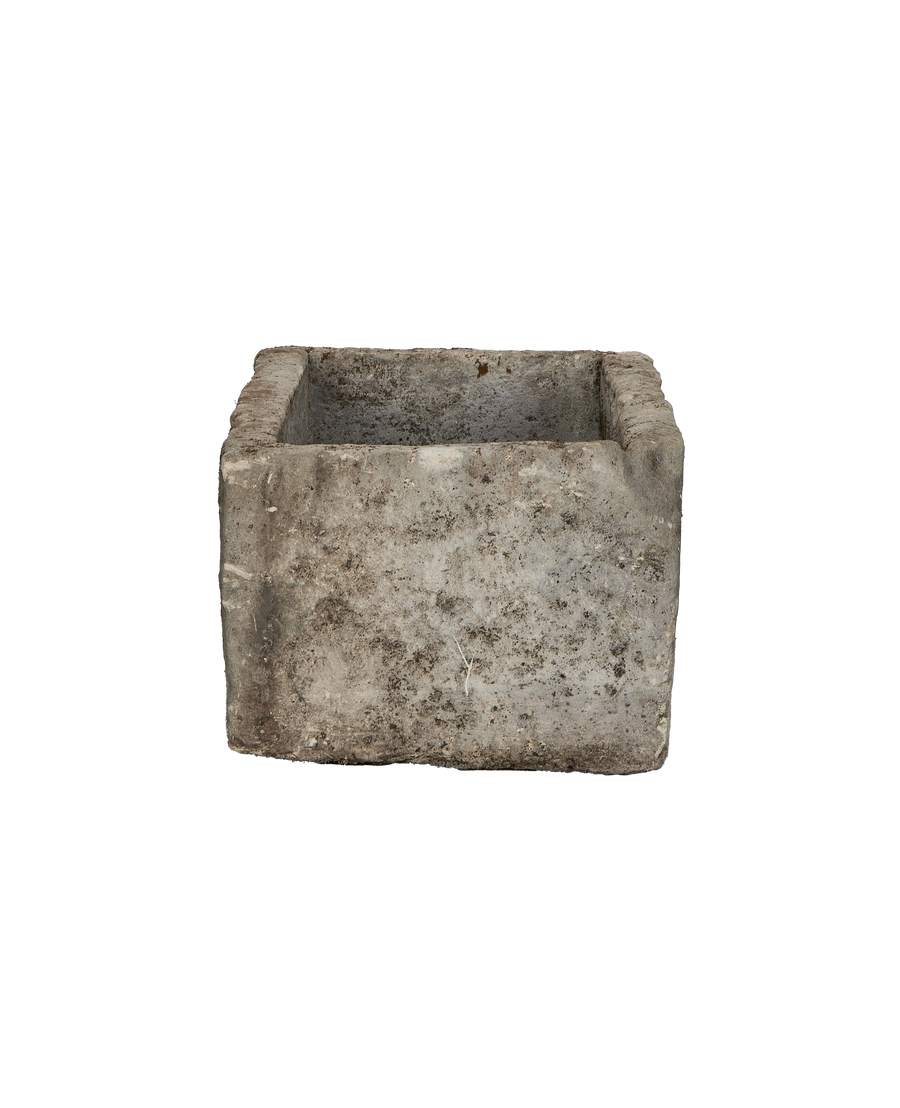 Vintage gray Indonesian rectangular limestone trough, showing weathered texture from top view.