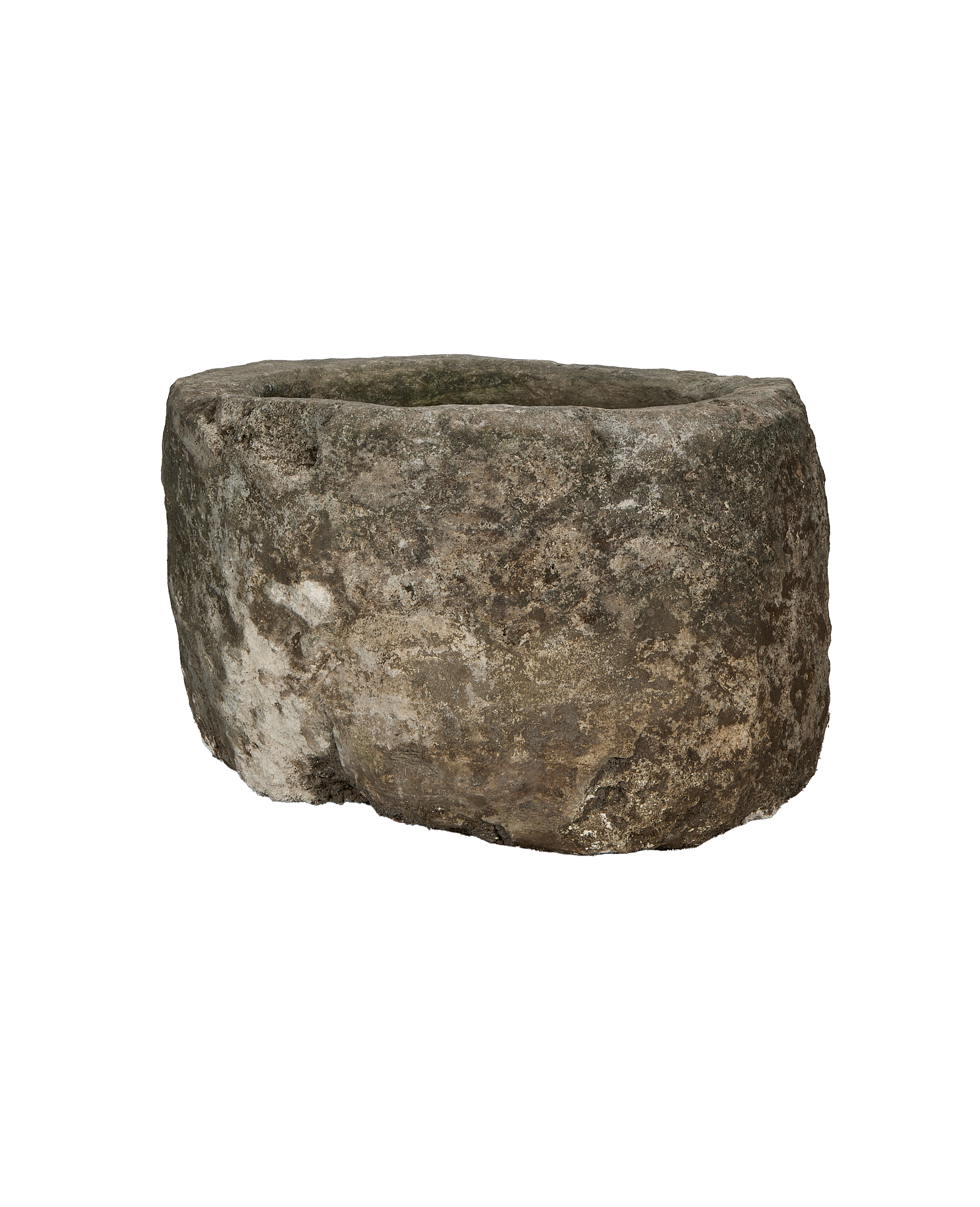Vintage Indonesian limestone trough, round, OAK style, with weathered rustic texture.