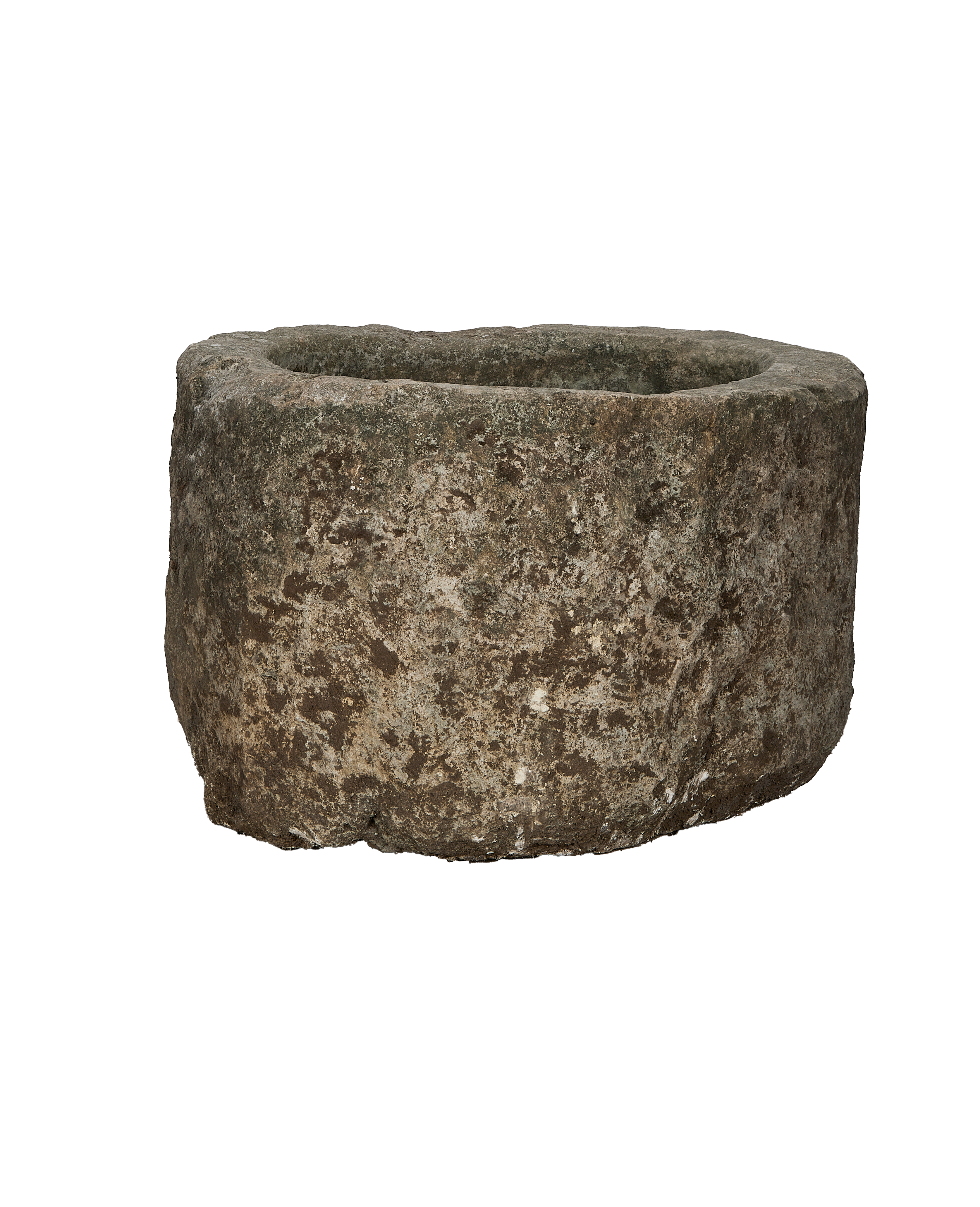 Vintage round Indonesian limestone trough, showing textured stone details on its side.