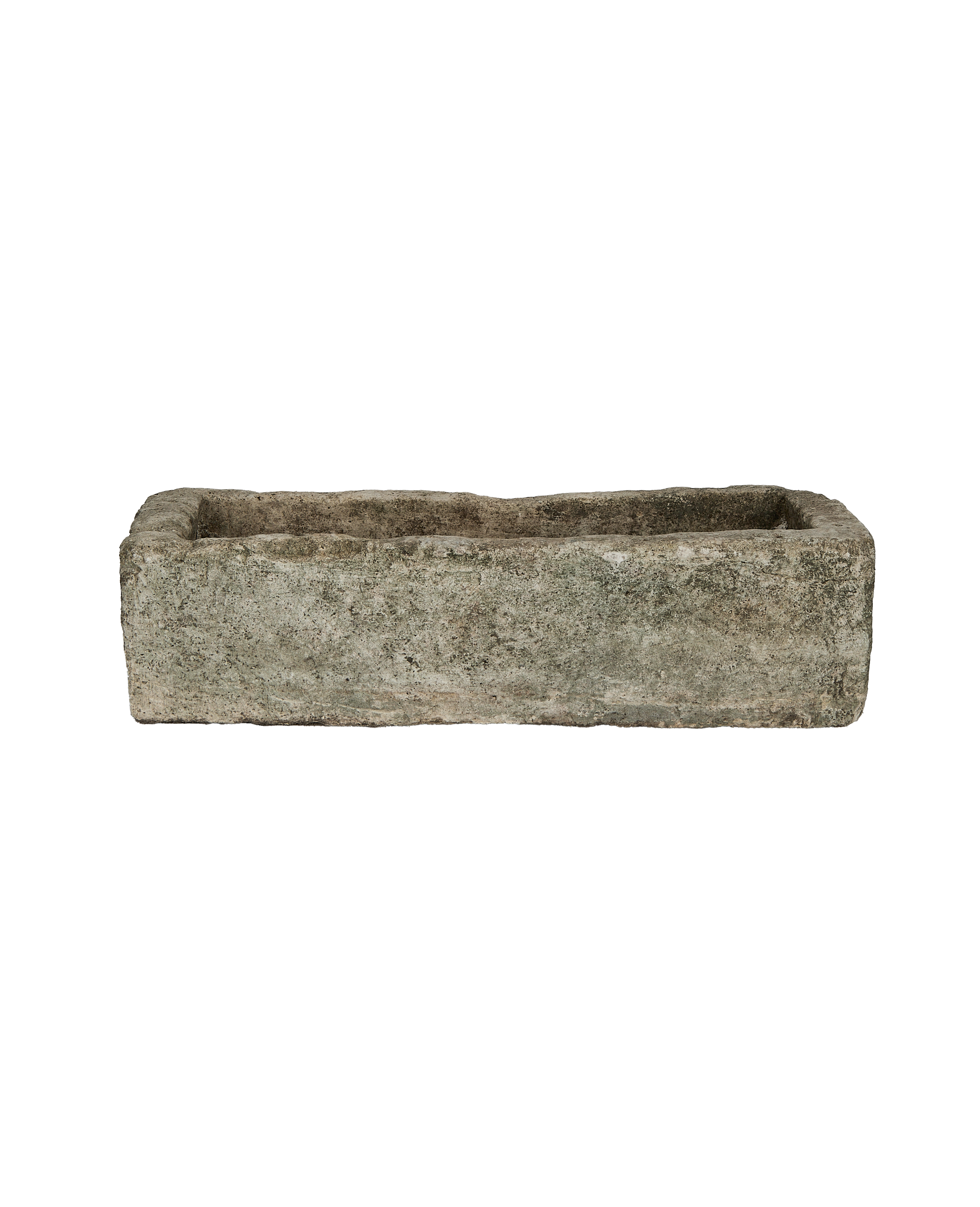 Vintage rectangular Indonesian limestone trough with weathered rough texture, front view.