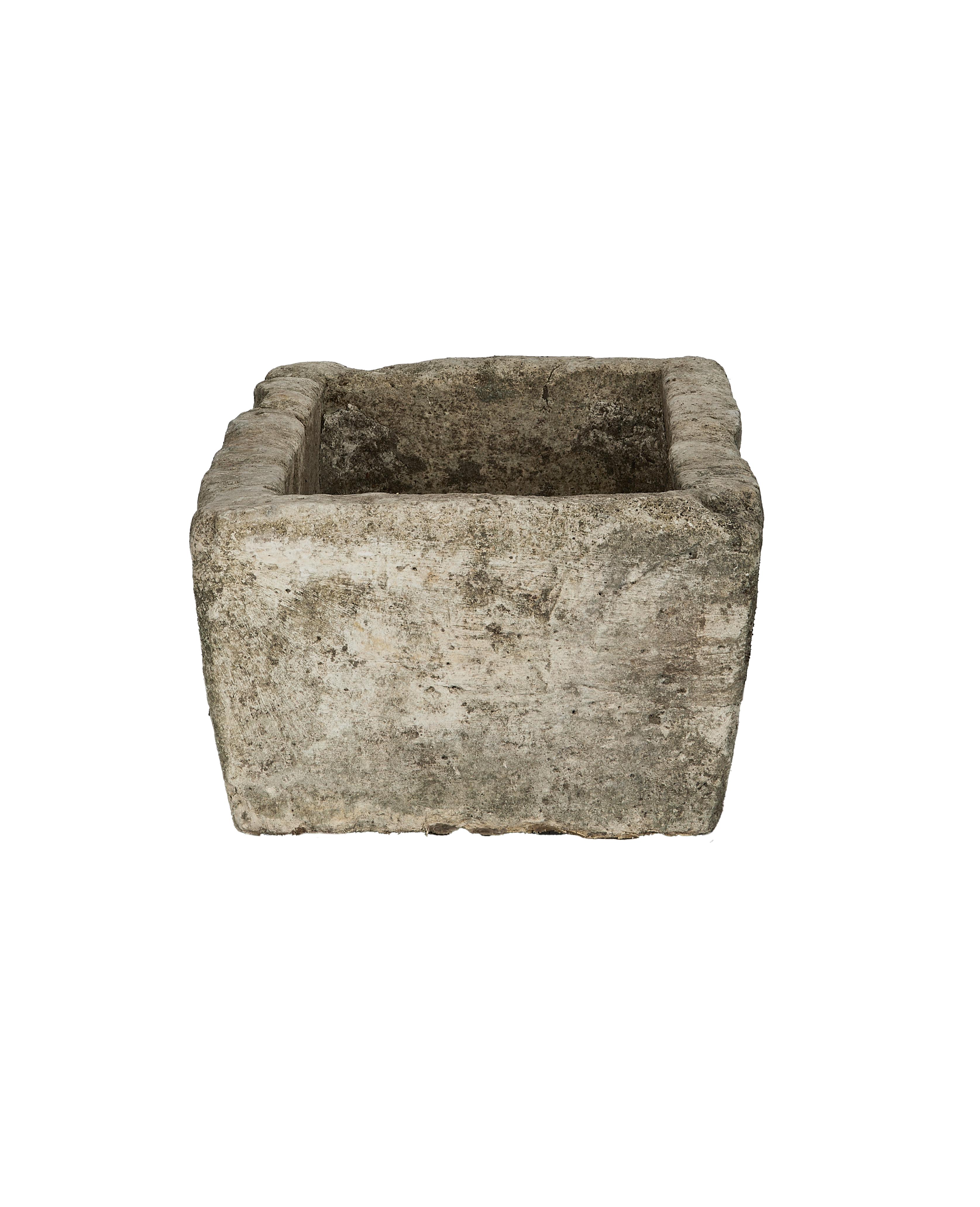 Vintage Indonesian rectangular limestone trough, front view of weathered, textured surface.