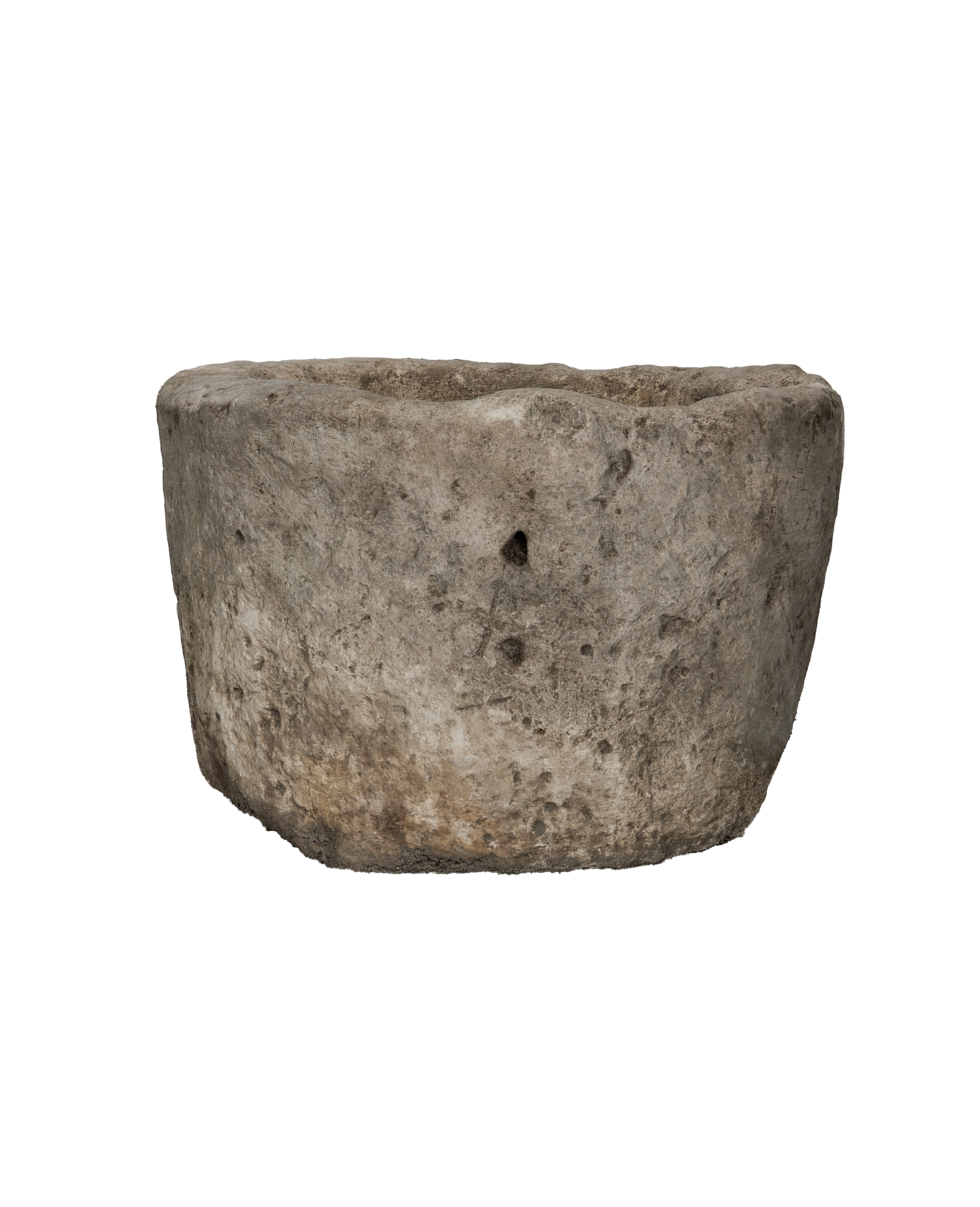 Vintage Indonesian round limestone trough, rough textured, weathered grey finish.