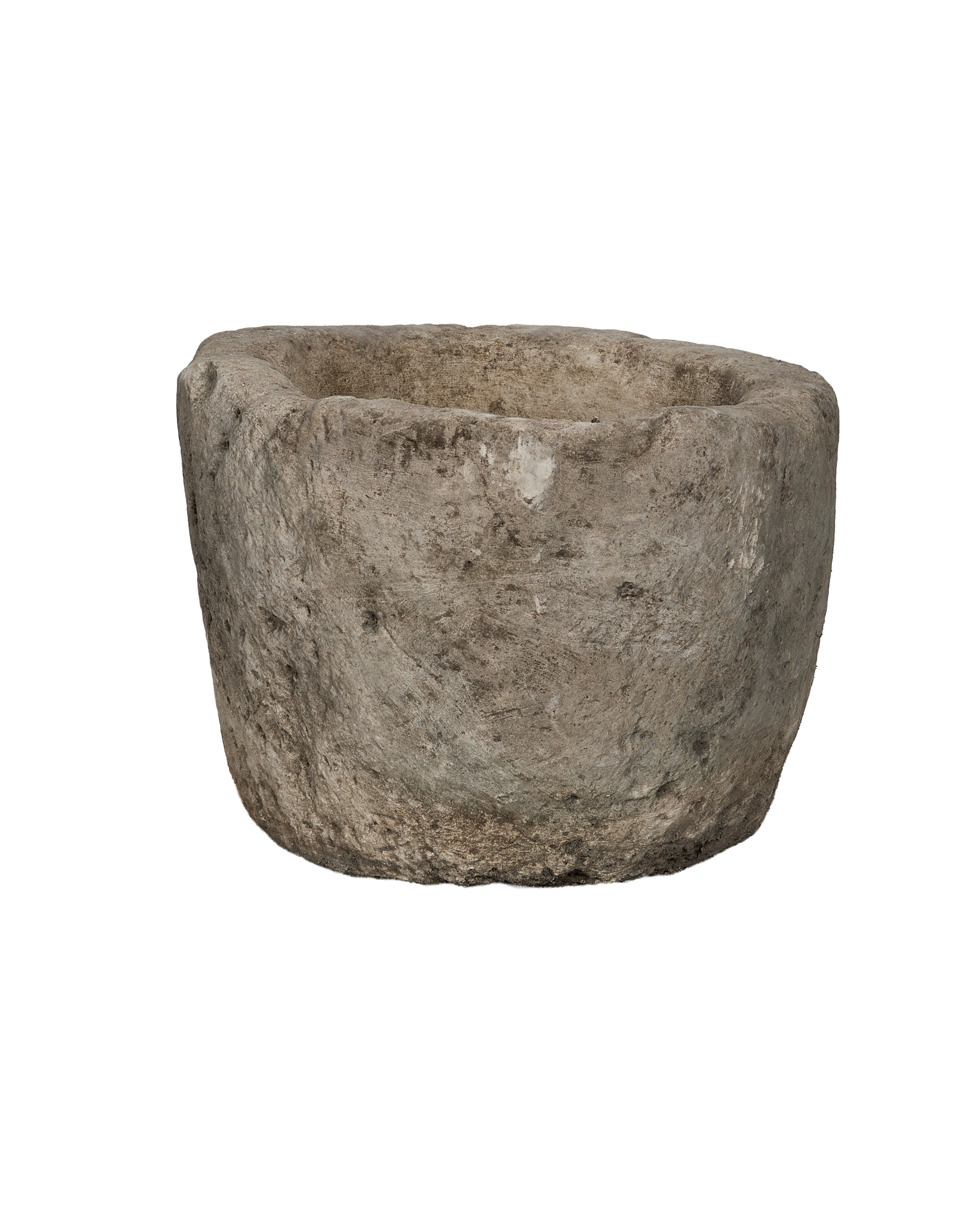 Vintage round limestone trough, 3/4 view, rough weathered texture, Indonesia, antique garden planter.