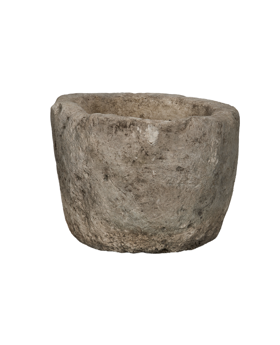 Vintage round limestone trough, 3/4 view, rough weathered texture, Indonesia, antique garden planter.