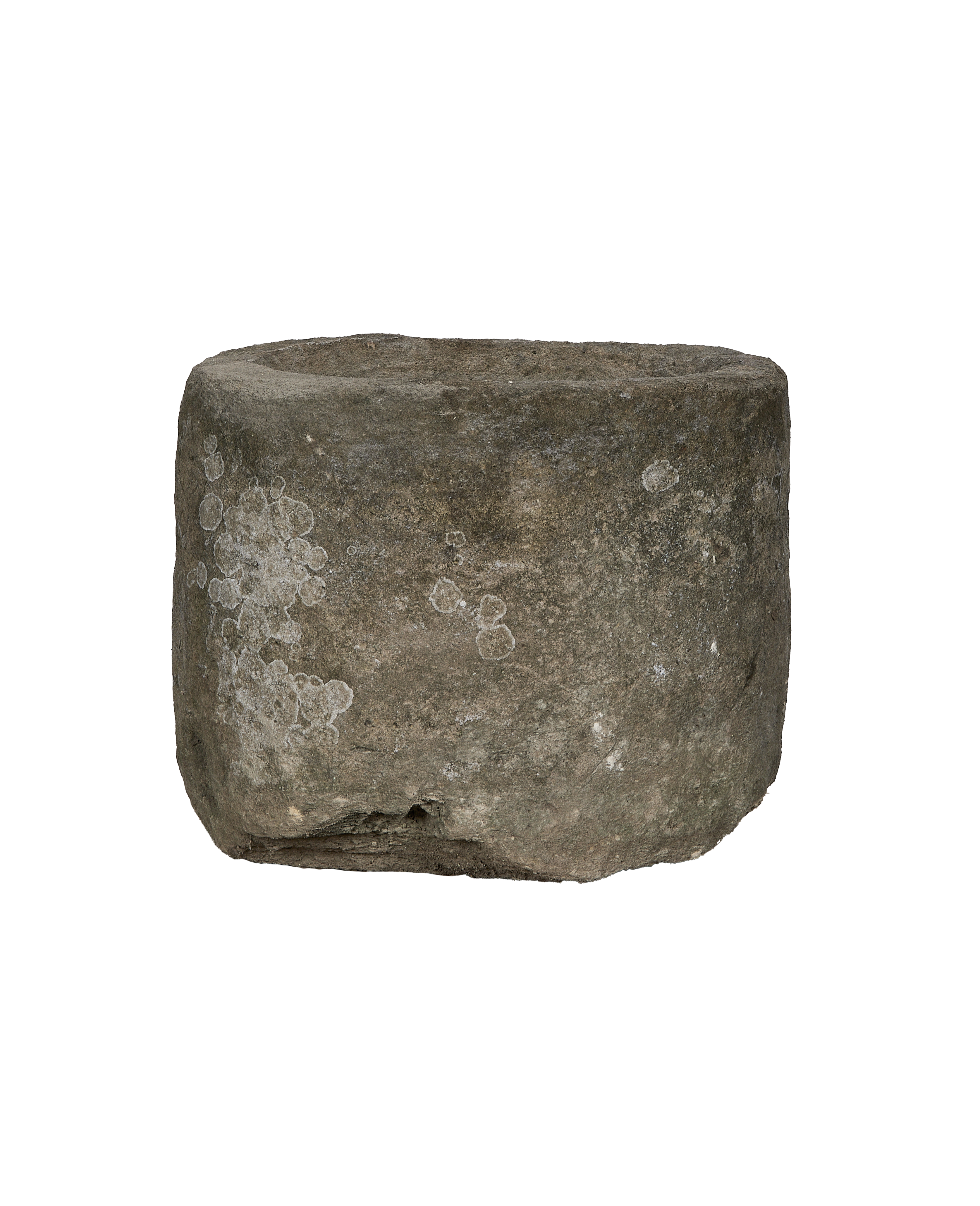 Vintage round Indonesian limestone trough, greyish-brown with textured surface and lichen growth.