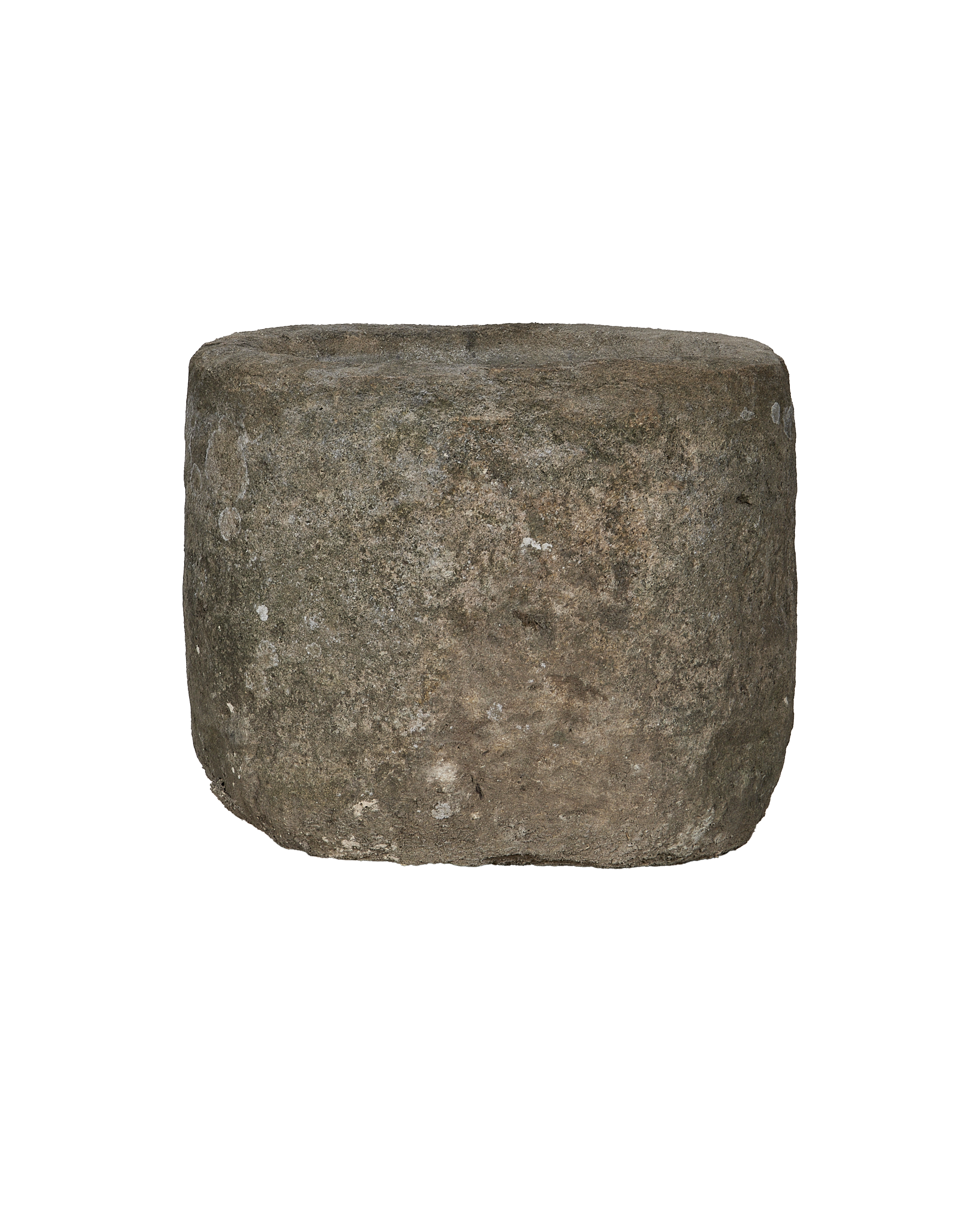 Round Indonesian vintage limestone trough, close-up texture detail and weathered patina.