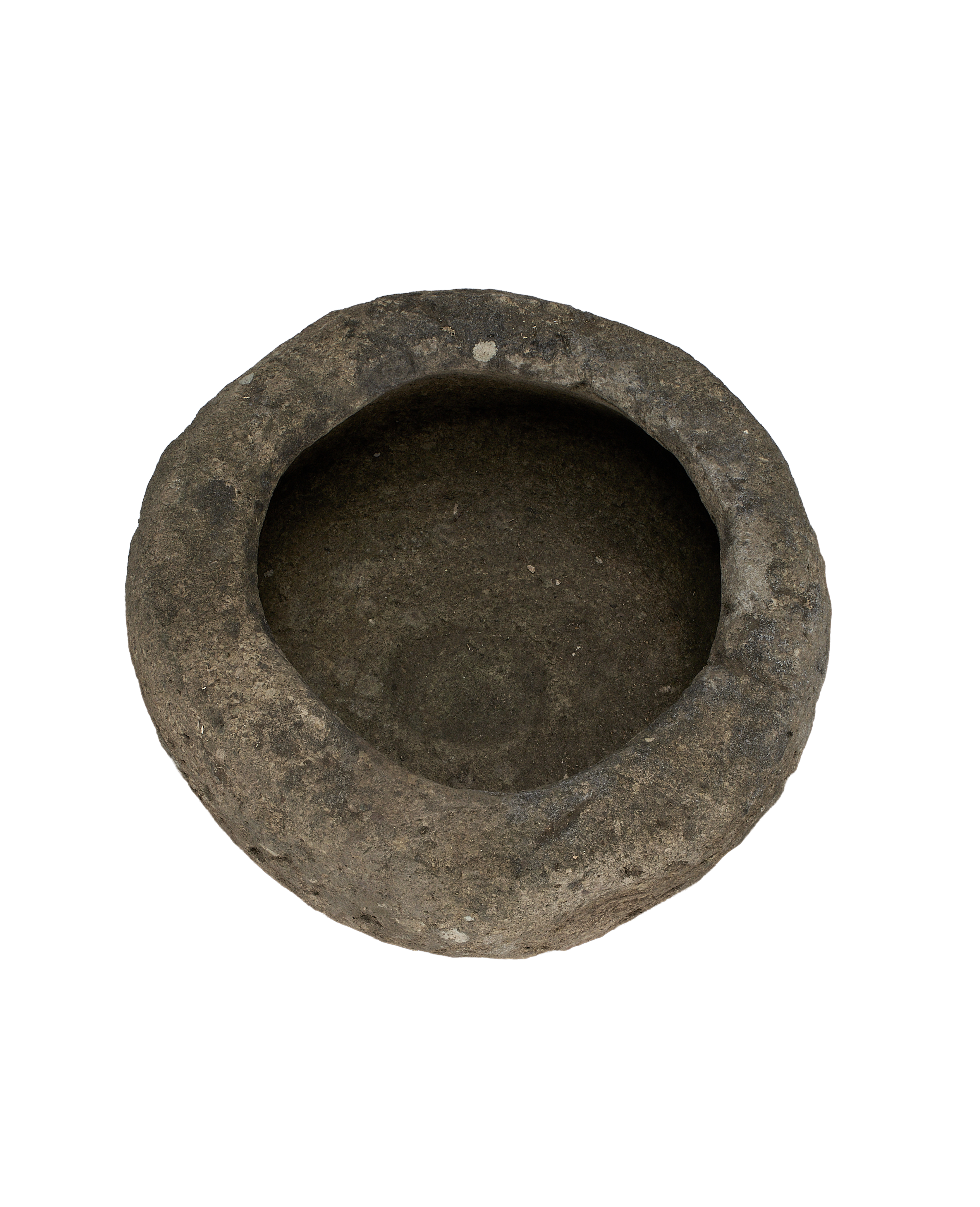 Vintage Indonesian round limestone trough, top-down view showing texture and worn finish.