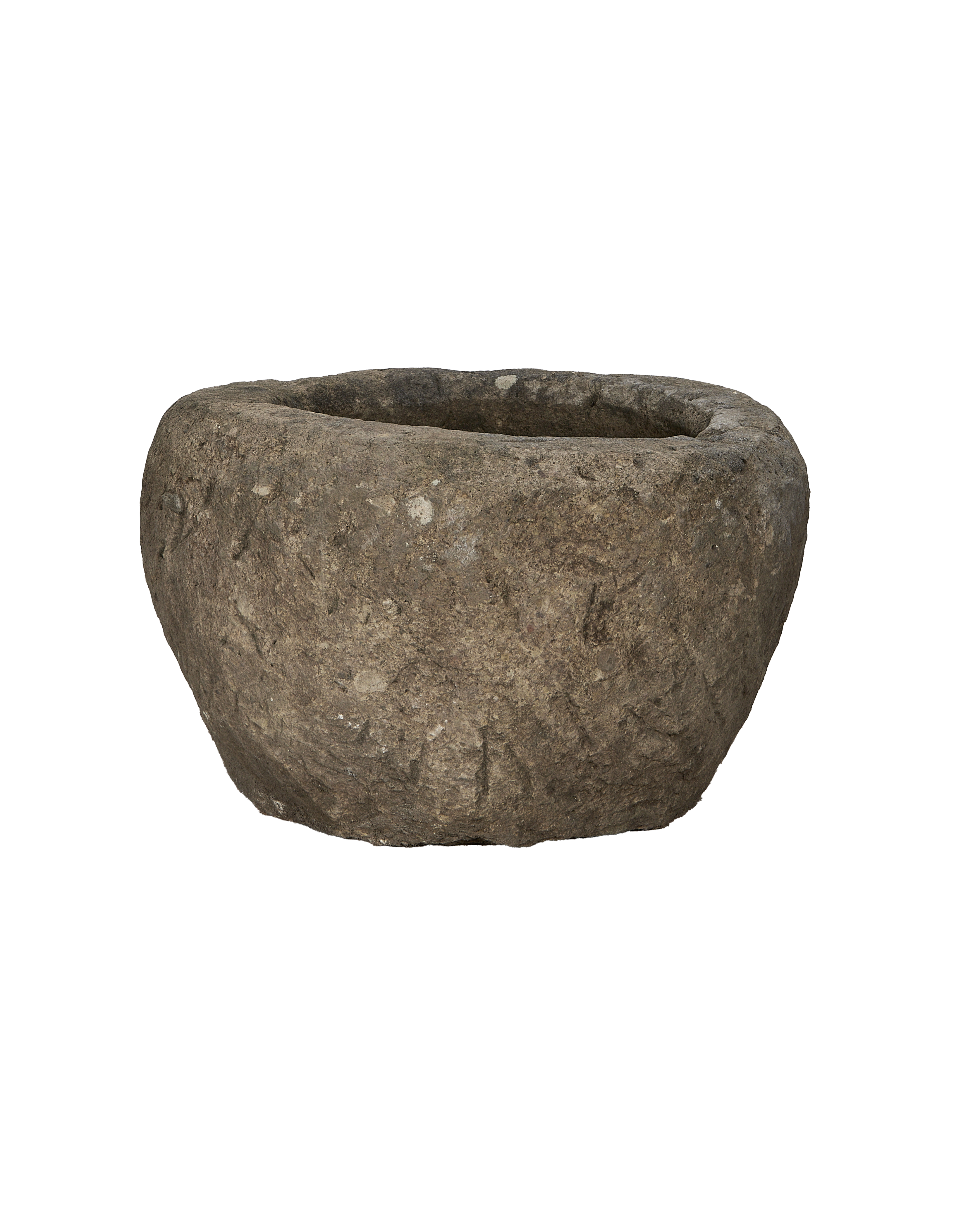Vintage Indonesian round limestone trough, naturally weathered grey condition.