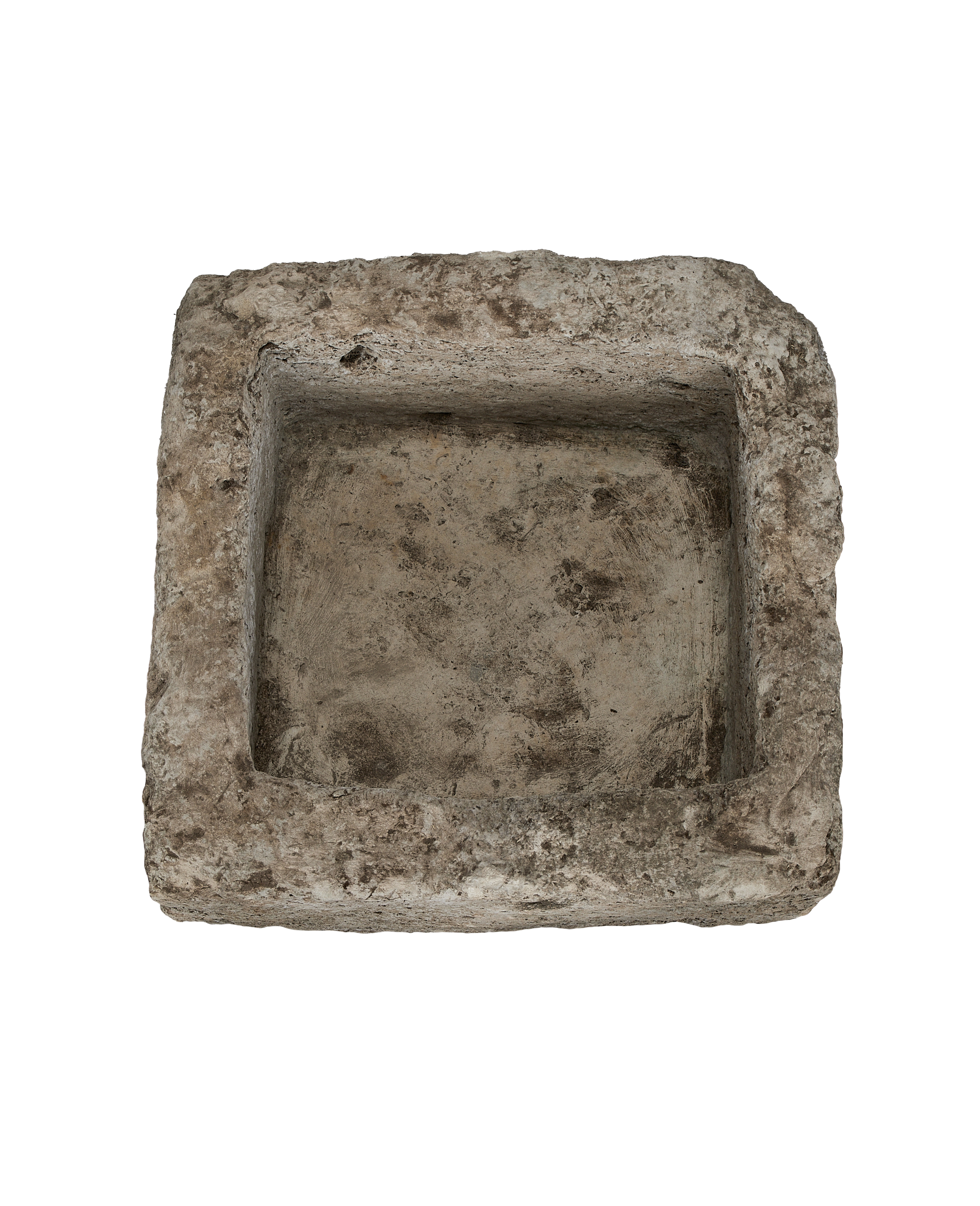 Vintage Indonesian square limestone trough, top-down view showing interior texture and condition.