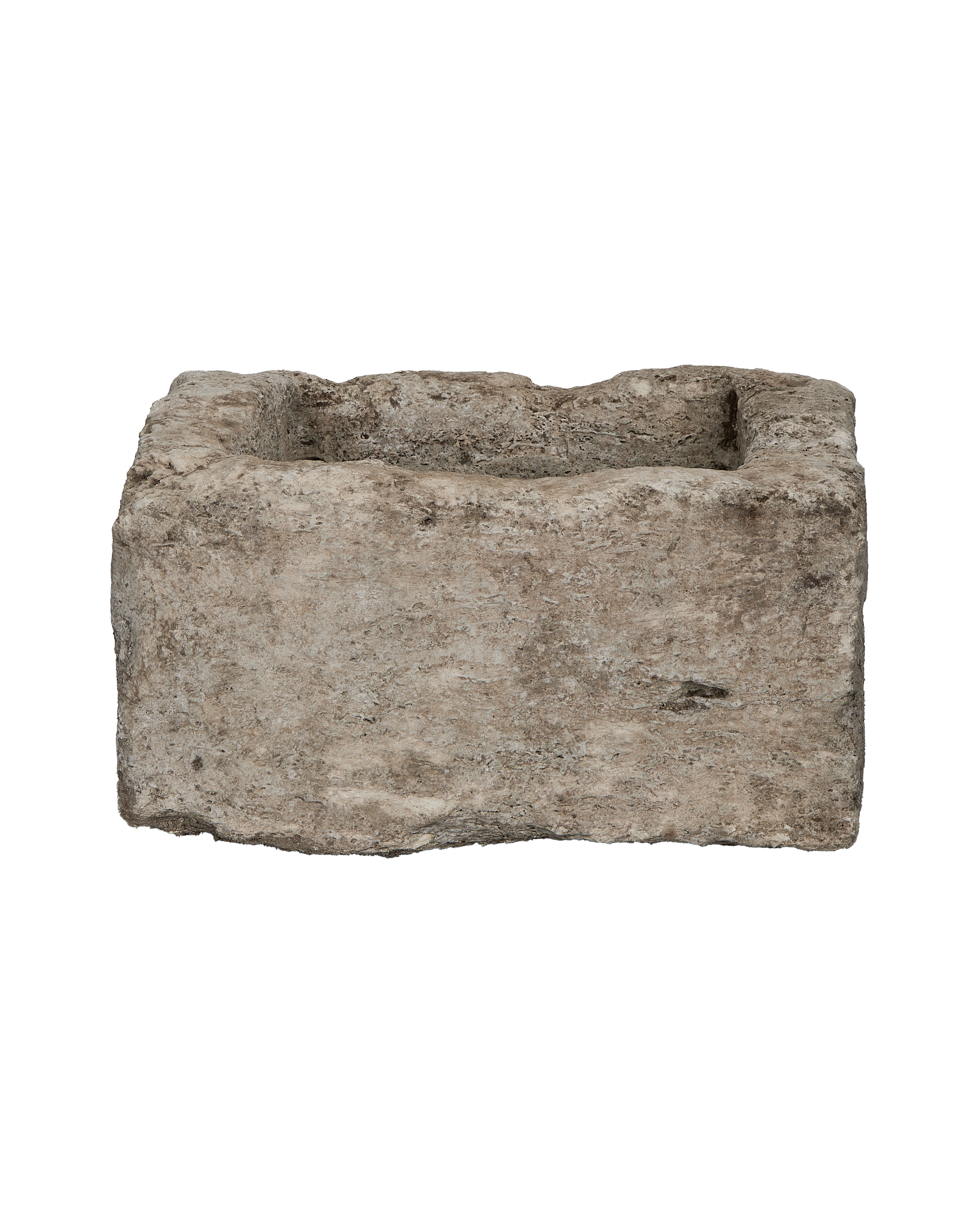 Vintage limestone square trough from Indonesia, showcasing weathered texture and raw edges.