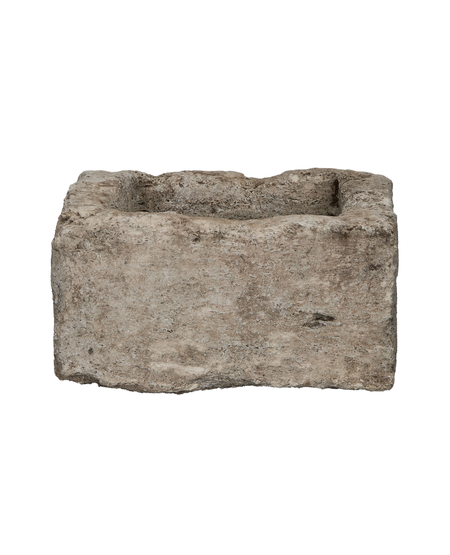 Vintage limestone square trough from Indonesia, showcasing weathered texture and raw edges.