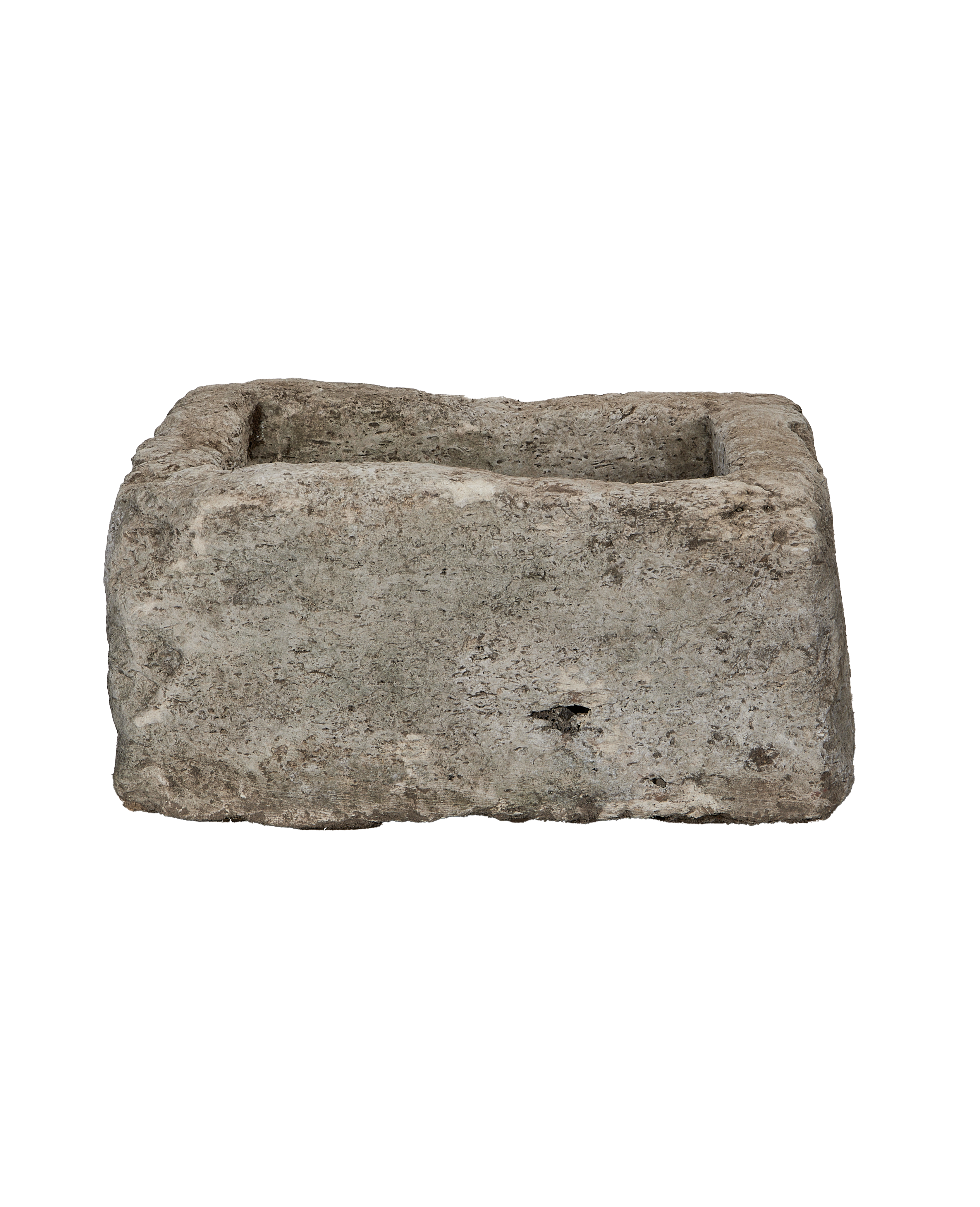 Vintage Indonesian square limestone trough, weathered OAK finish, showing distinct surface texture.