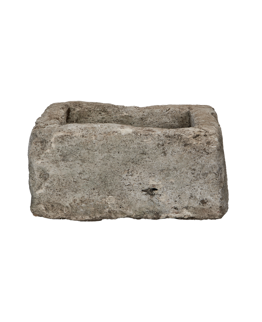Vintage Indonesian square limestone trough, weathered OAK finish, showing distinct surface texture.