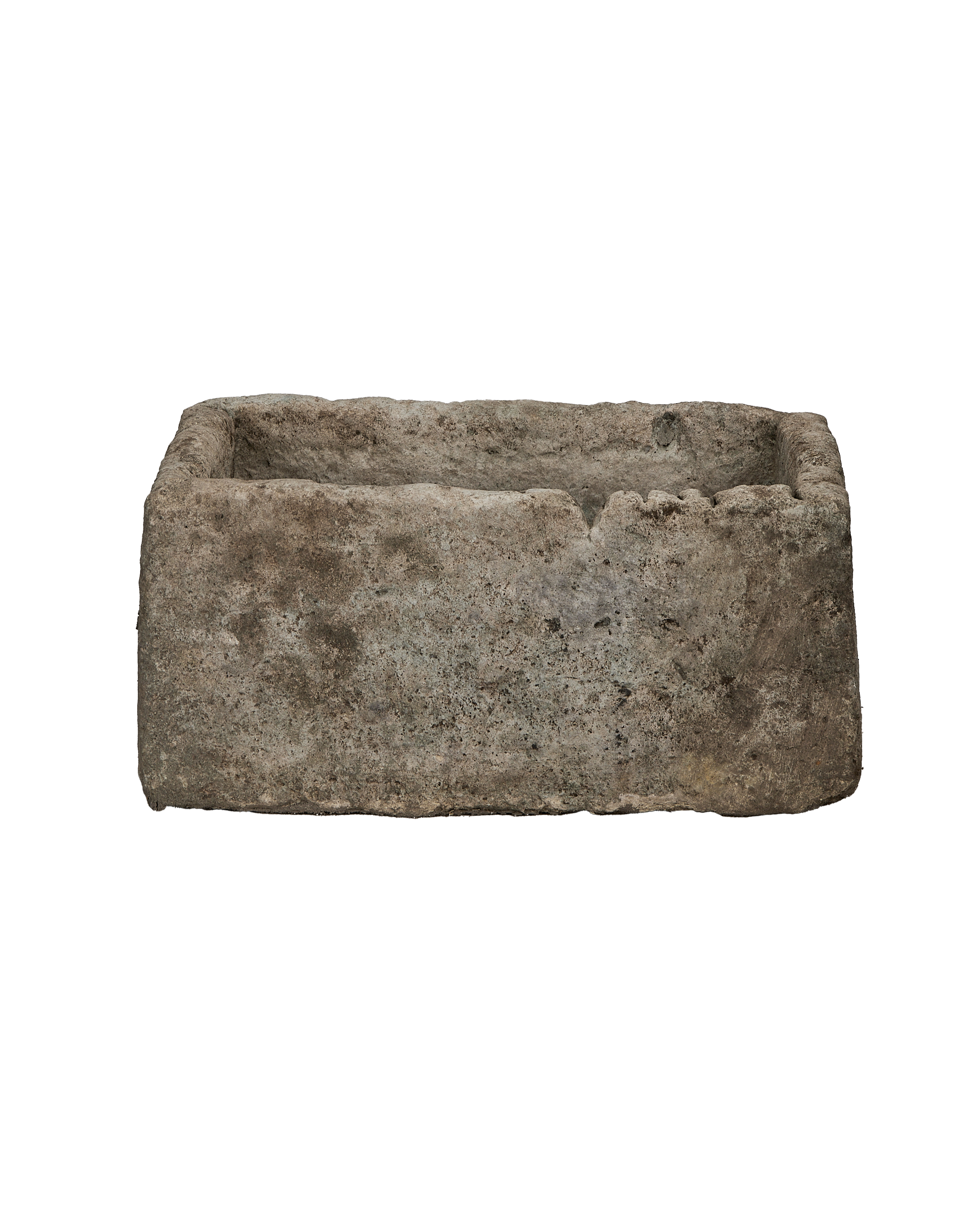 Vintage rectangular limestone trough, weathered gray, worn surface, rough texture.