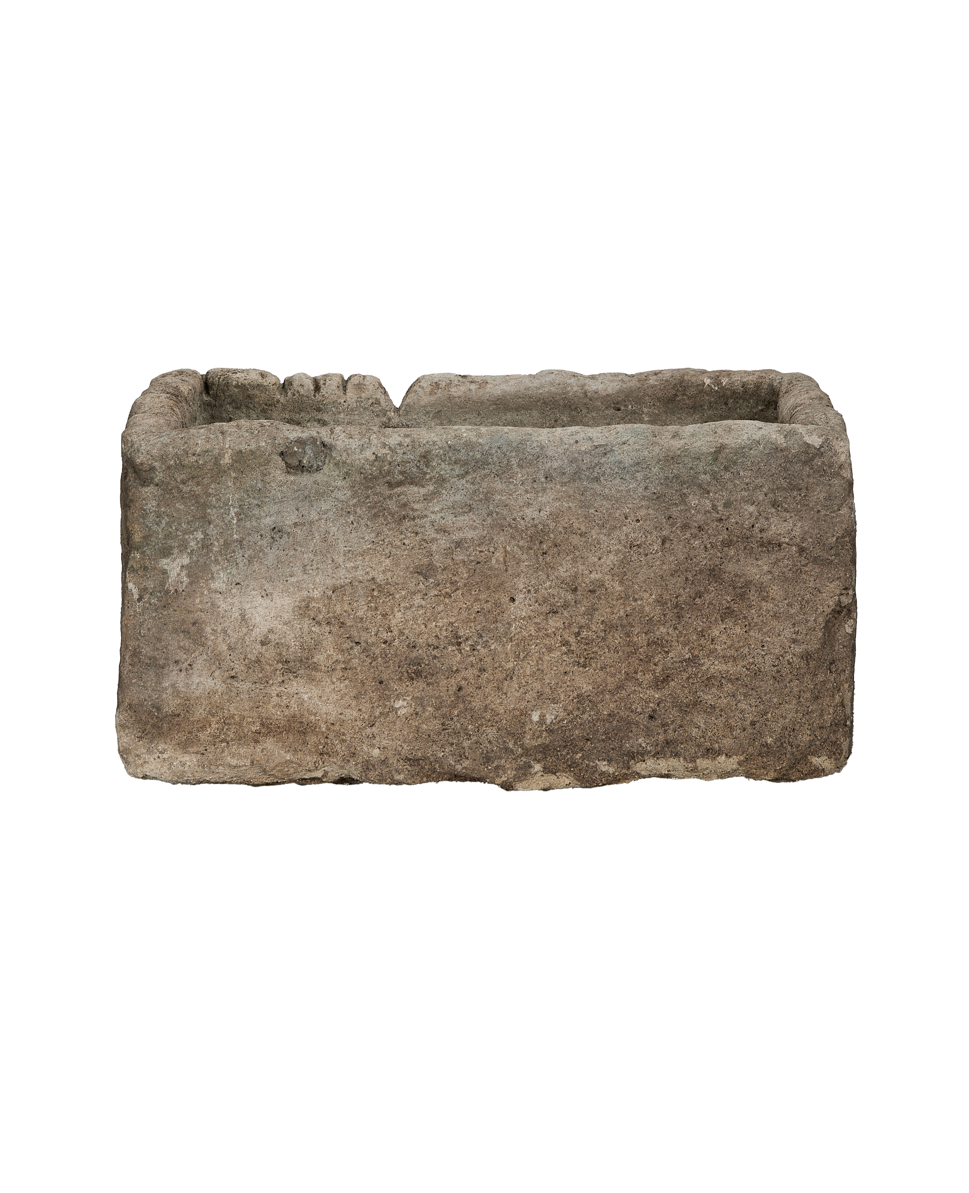 Vintage rectangular Indonesian limestone trough, OAK, wide shot from above showing internal details.