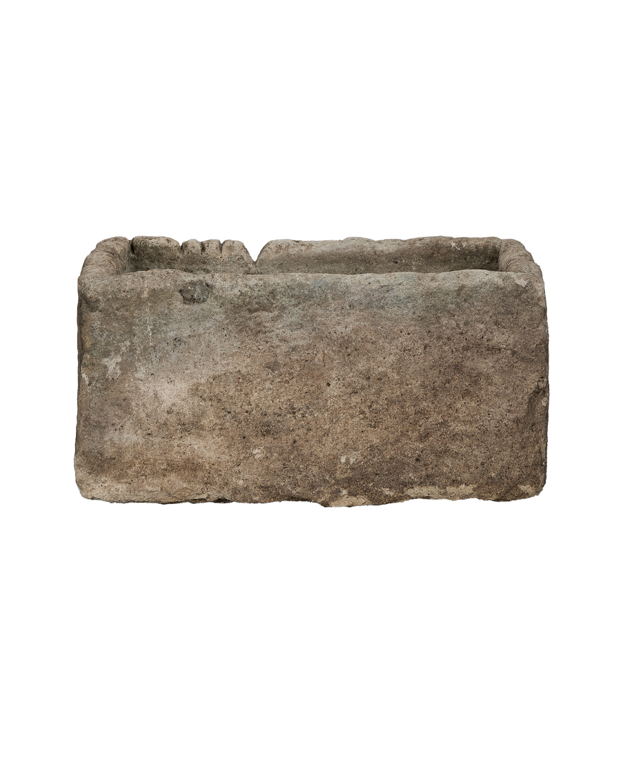 Vintage rectangular Indonesian limestone trough, OAK, wide shot from above showing internal details.