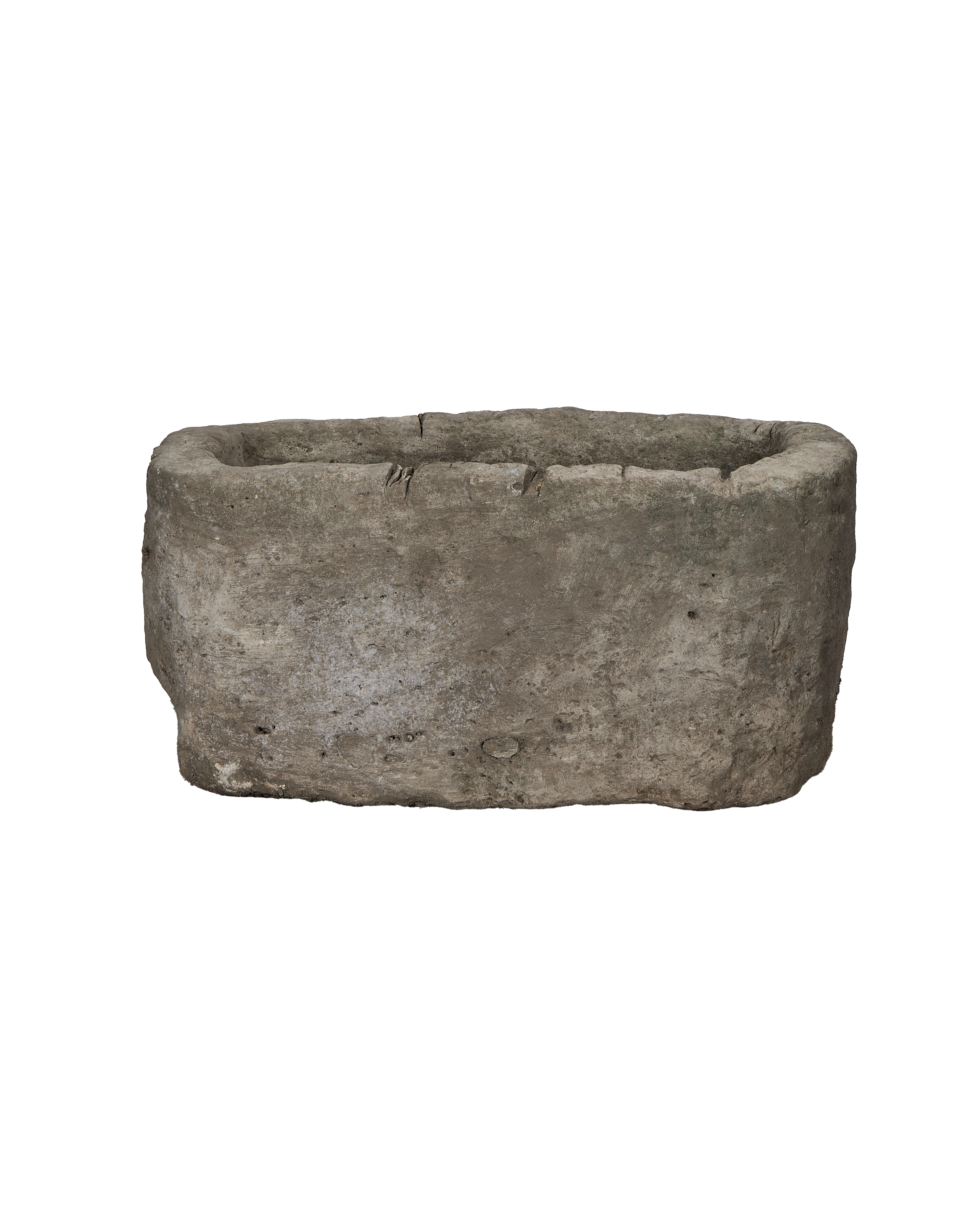 Vintage Indonesian rectangular limestone trough, weathered gray, showcasing its rustic texture and unique shape.