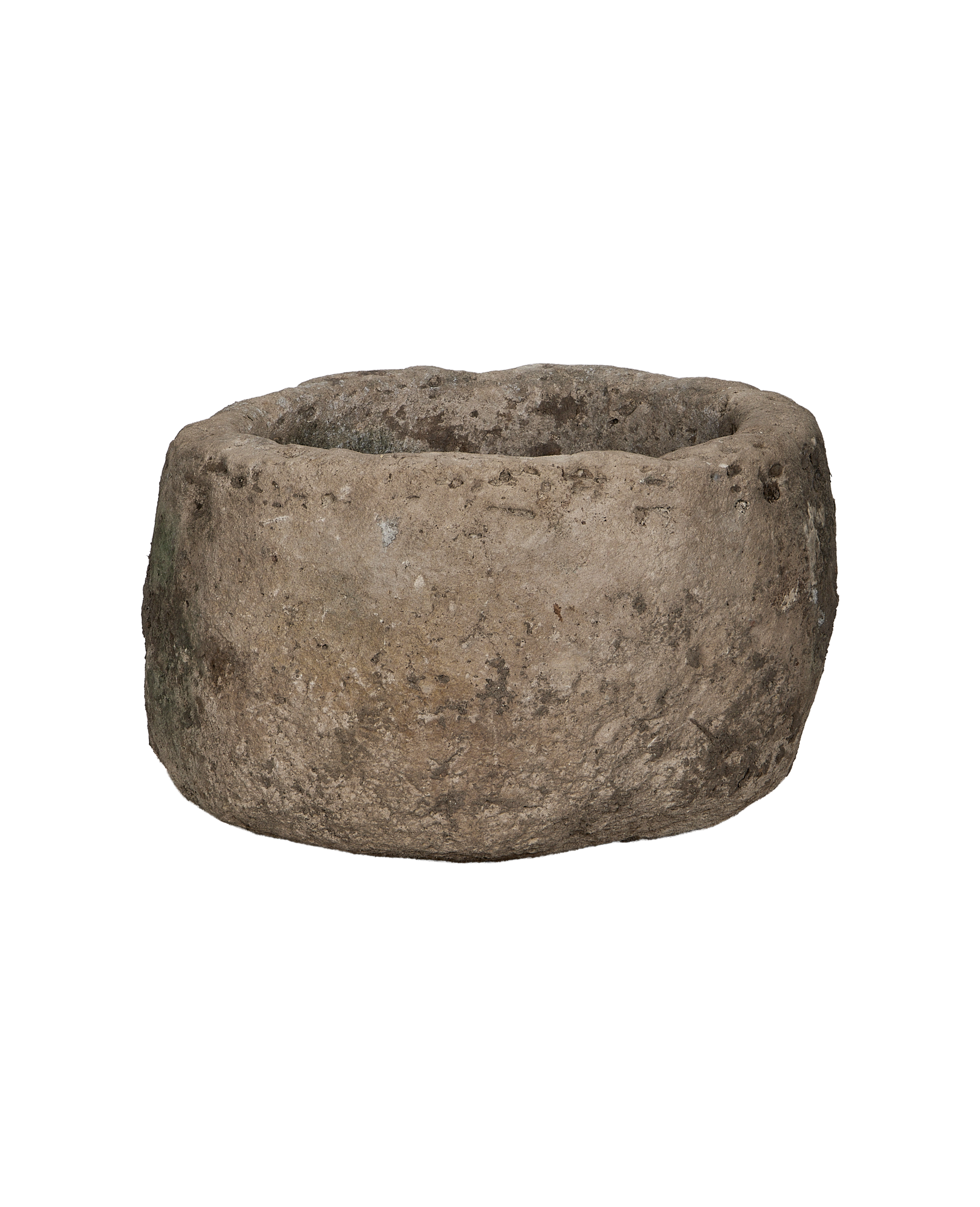 Vintage round Indonesian limestone trough, weathered OAK finish, main view.