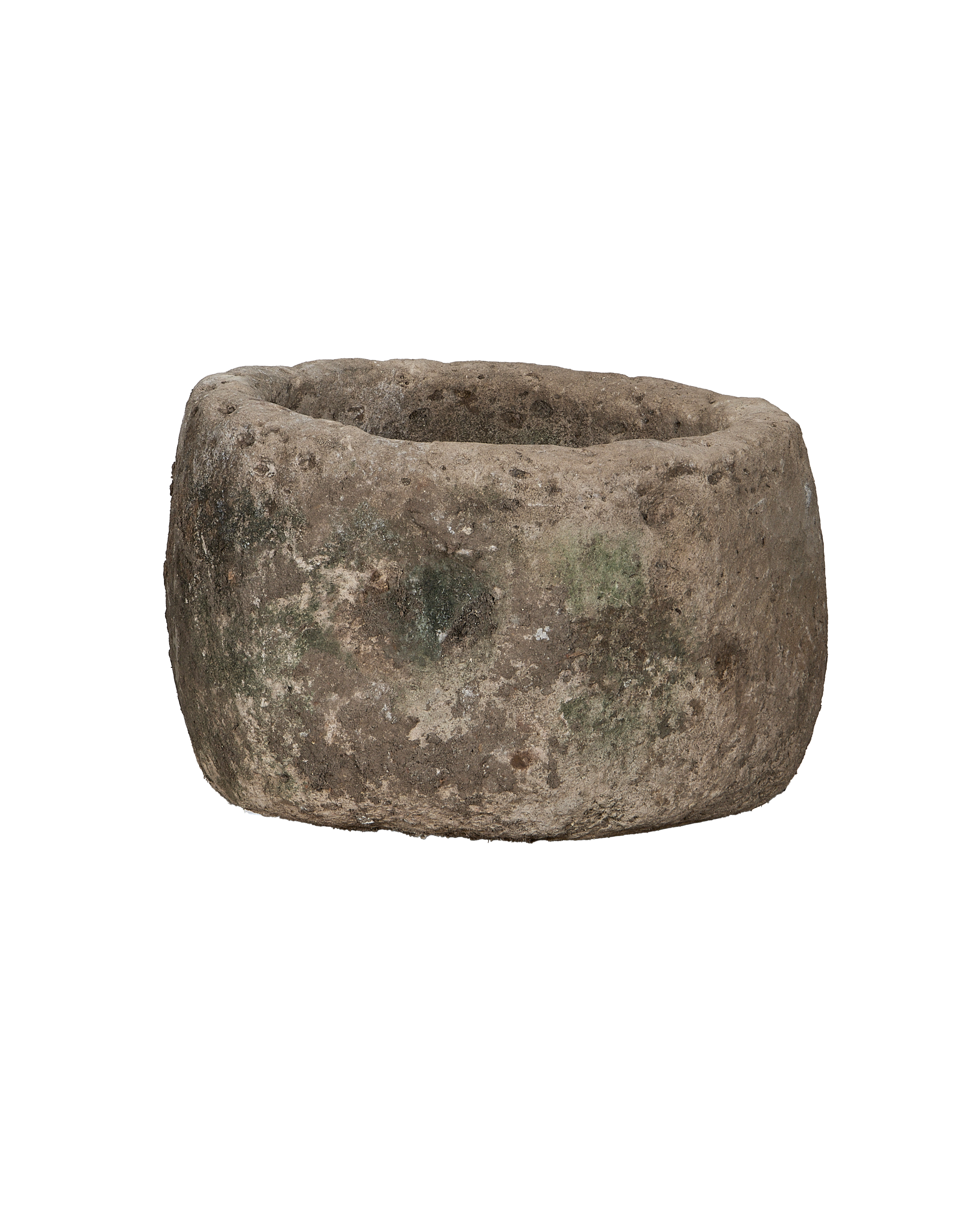 Vintage round Indonesian limestone trough, detailed weathered texture and inner basin.