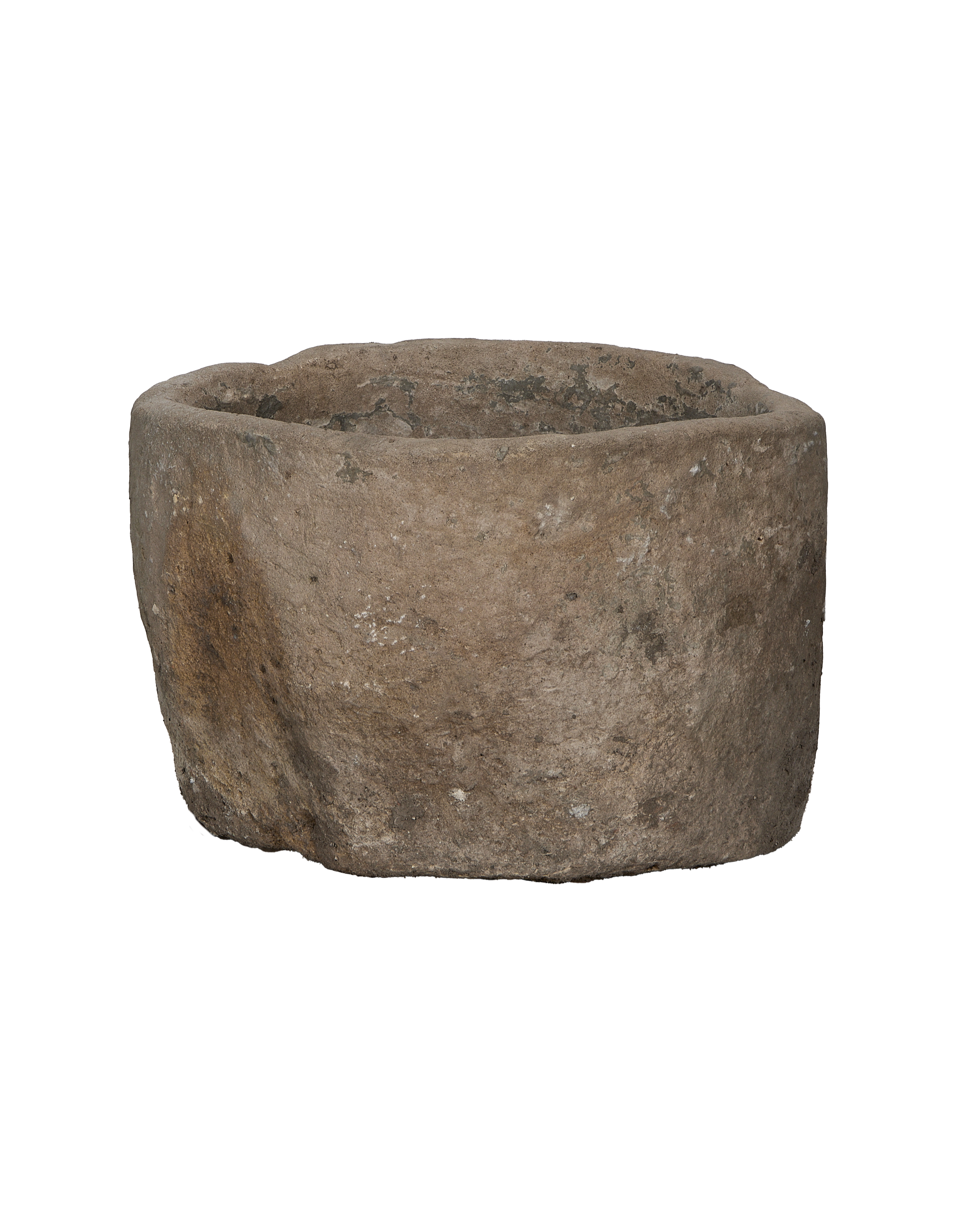Vintage round limestone trough from Indonesia with rugged surface and weathered patina.
