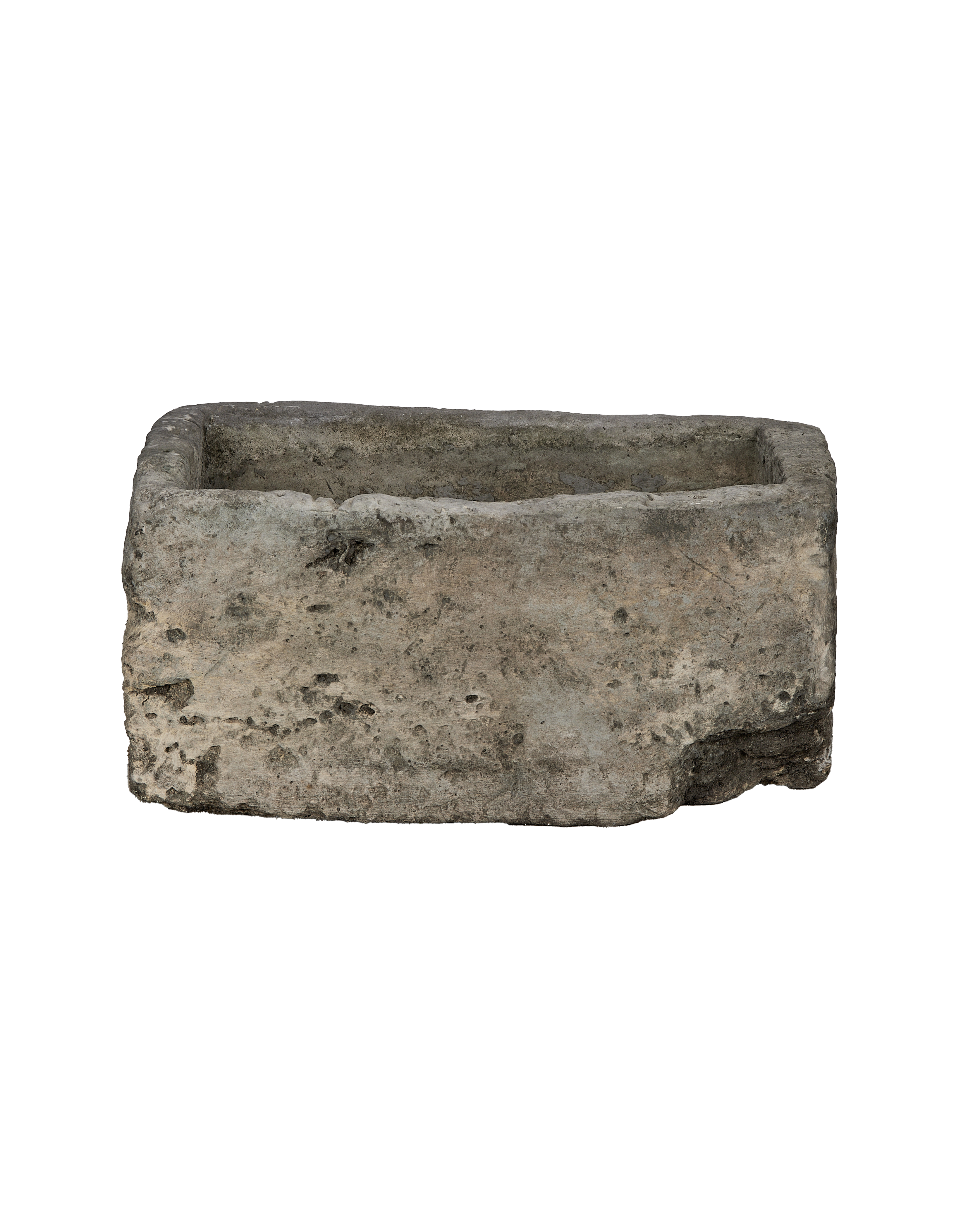 Vintage rectangular Indonesian limestone trough with rustic weathered texture, front view.