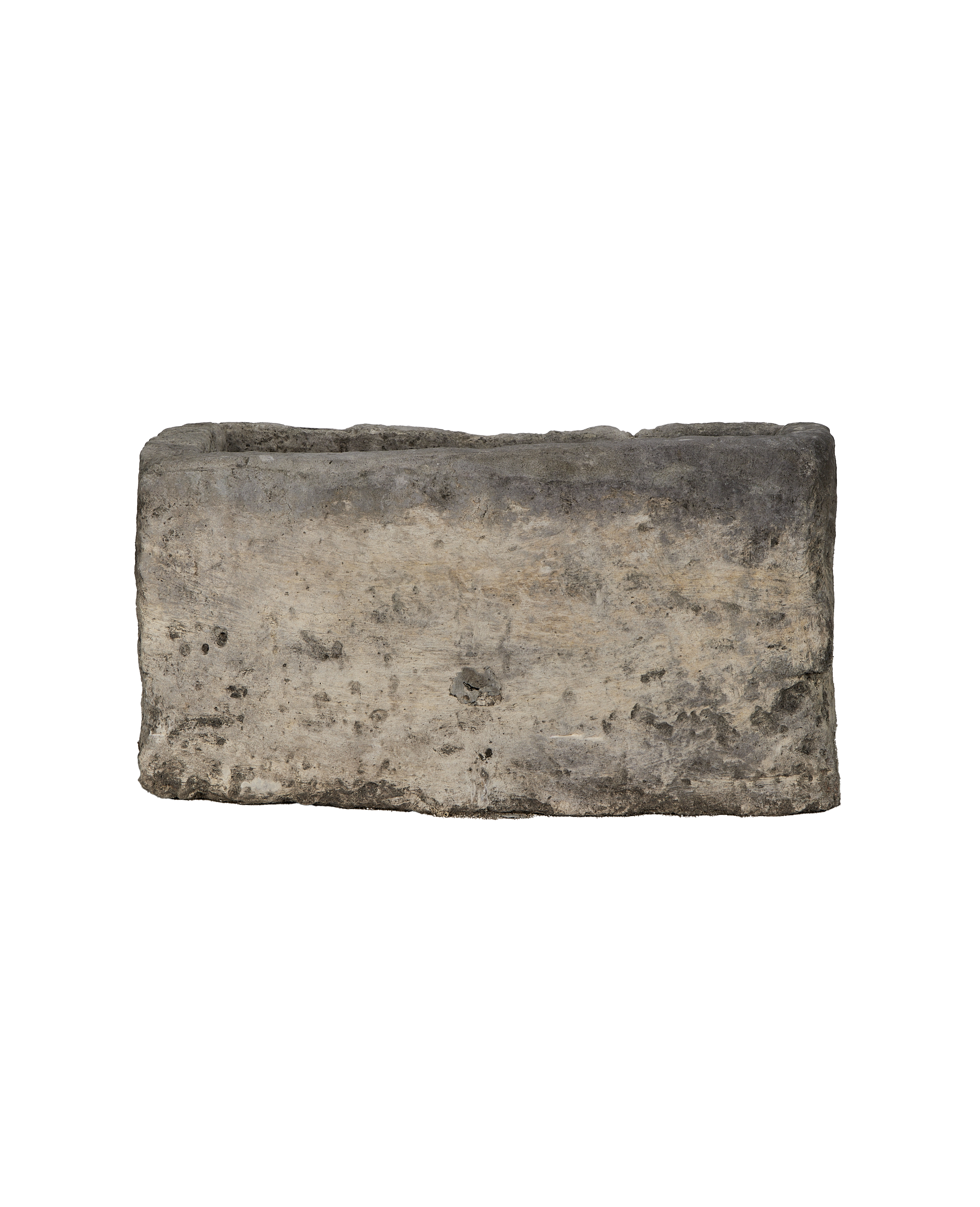 Vintage Indonesian rectangle limestone trough, showing its aged, weathered side surface.