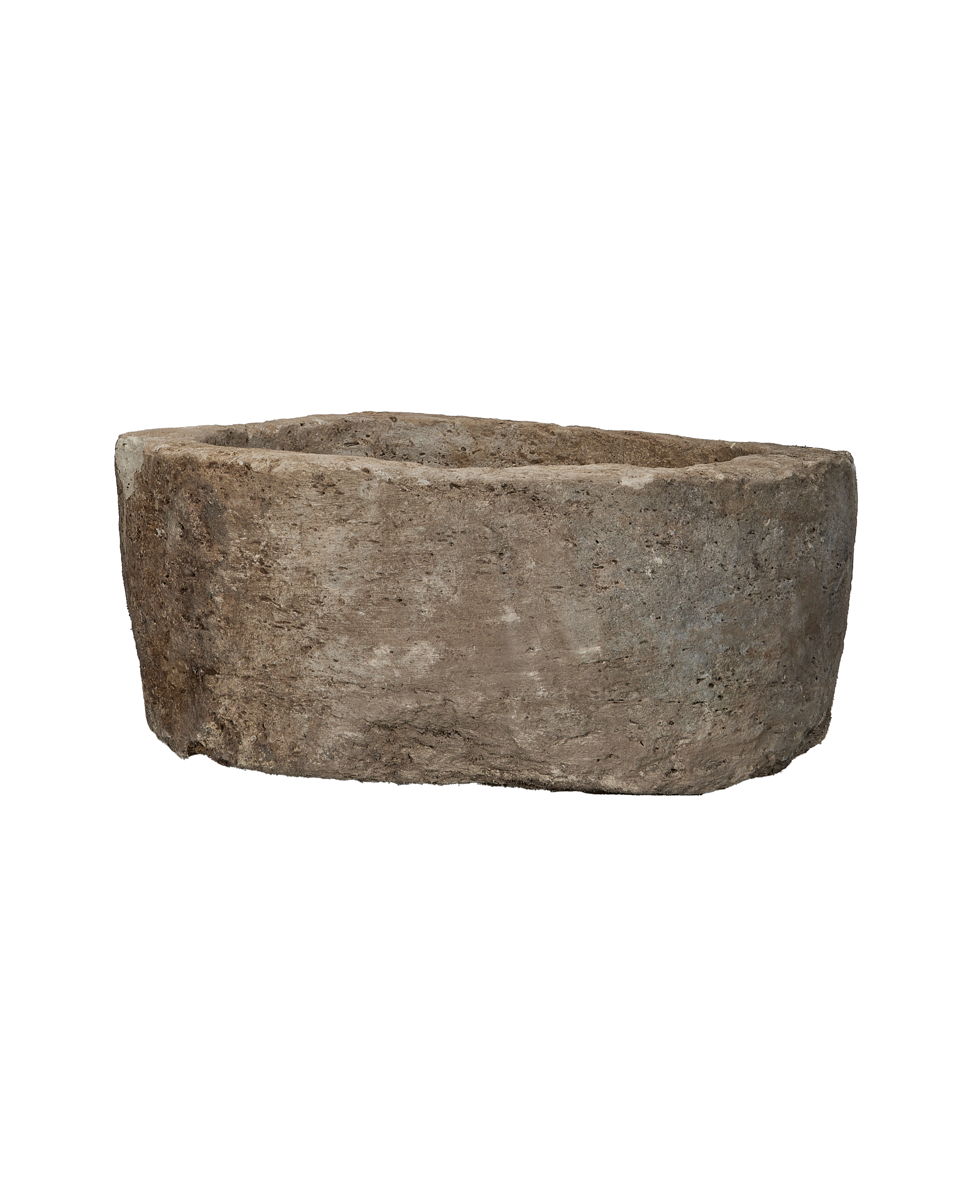 Vintage round Indonesian limestone trough, grey with naturally weathered, textured surface.
