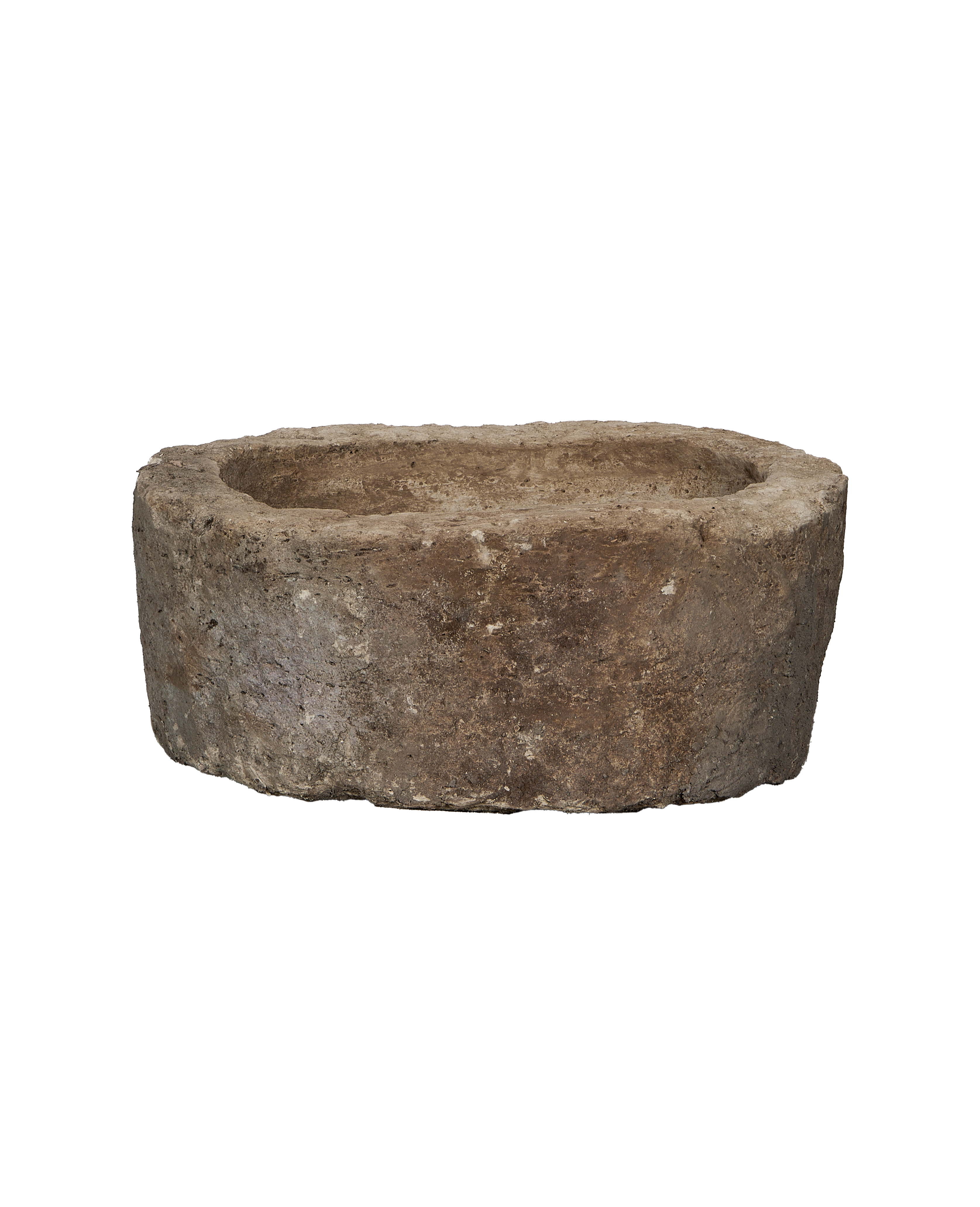 Vintage round limestone trough, rich natural oak color, rough weathered Indonesian craftsmanship.