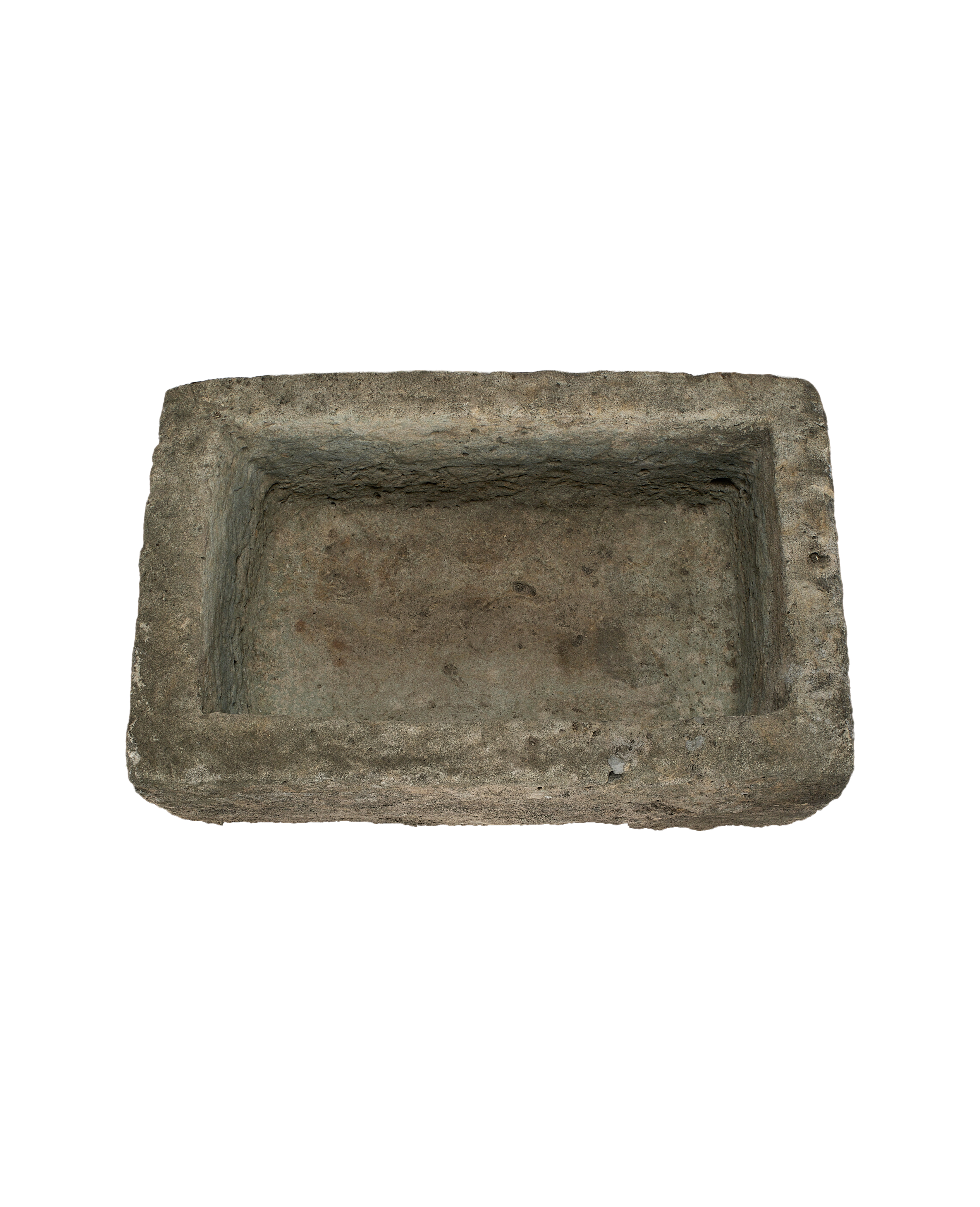 Vintage rectangular limestone trough, overhead view highlighting rough texture and aged patina.