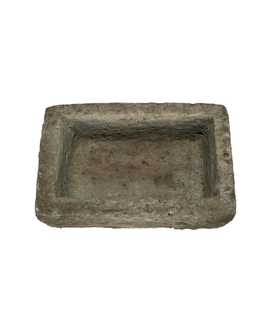 Vintage rectangular limestone trough, overhead view highlighting rough texture and aged patina.