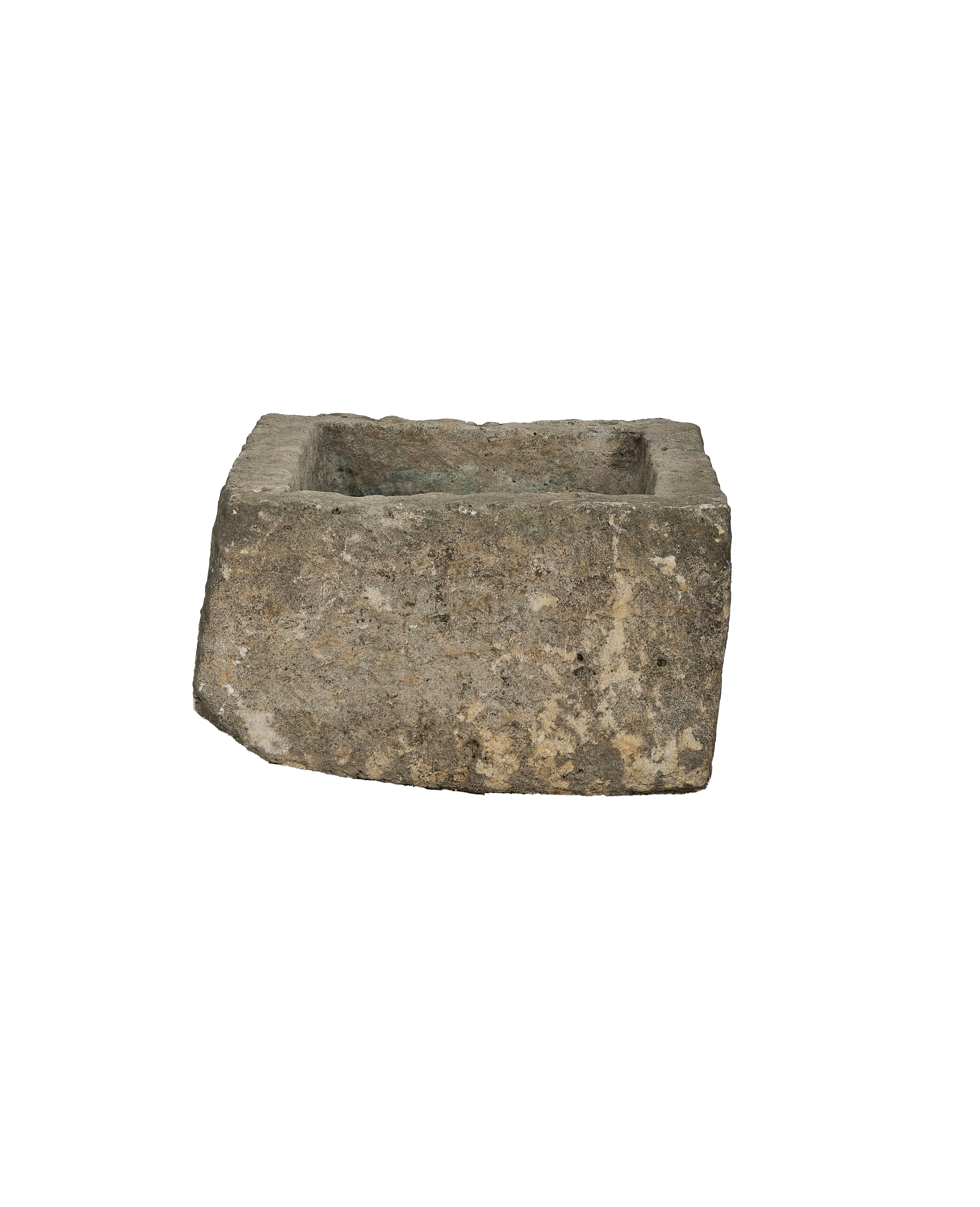 Vintage Indonesian limestone trough, detailed rectangular shape from a top-down angle.