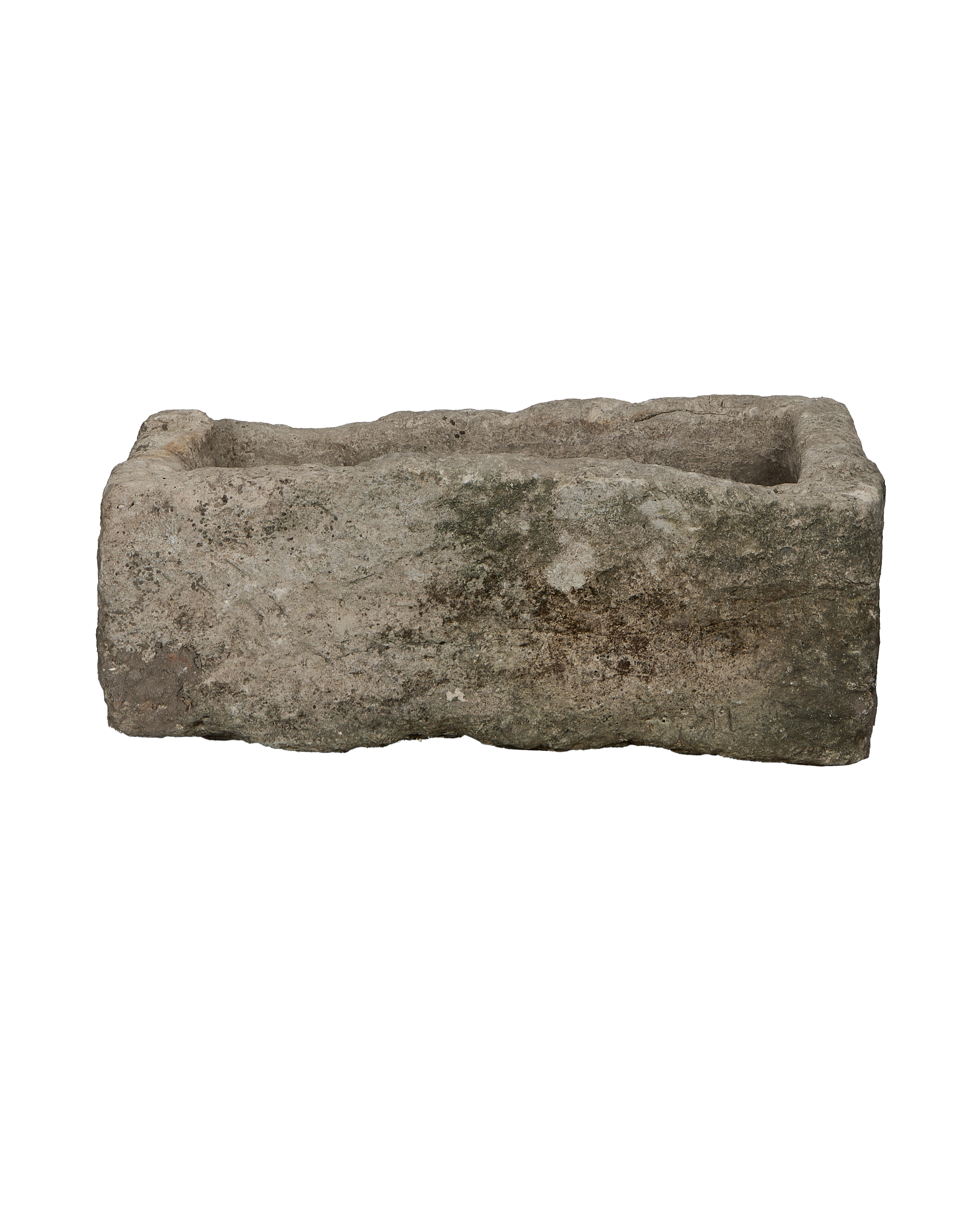 Vintage Indonesian limestone trough, rectangular, rough texture with subtle moss and weathered patina.
